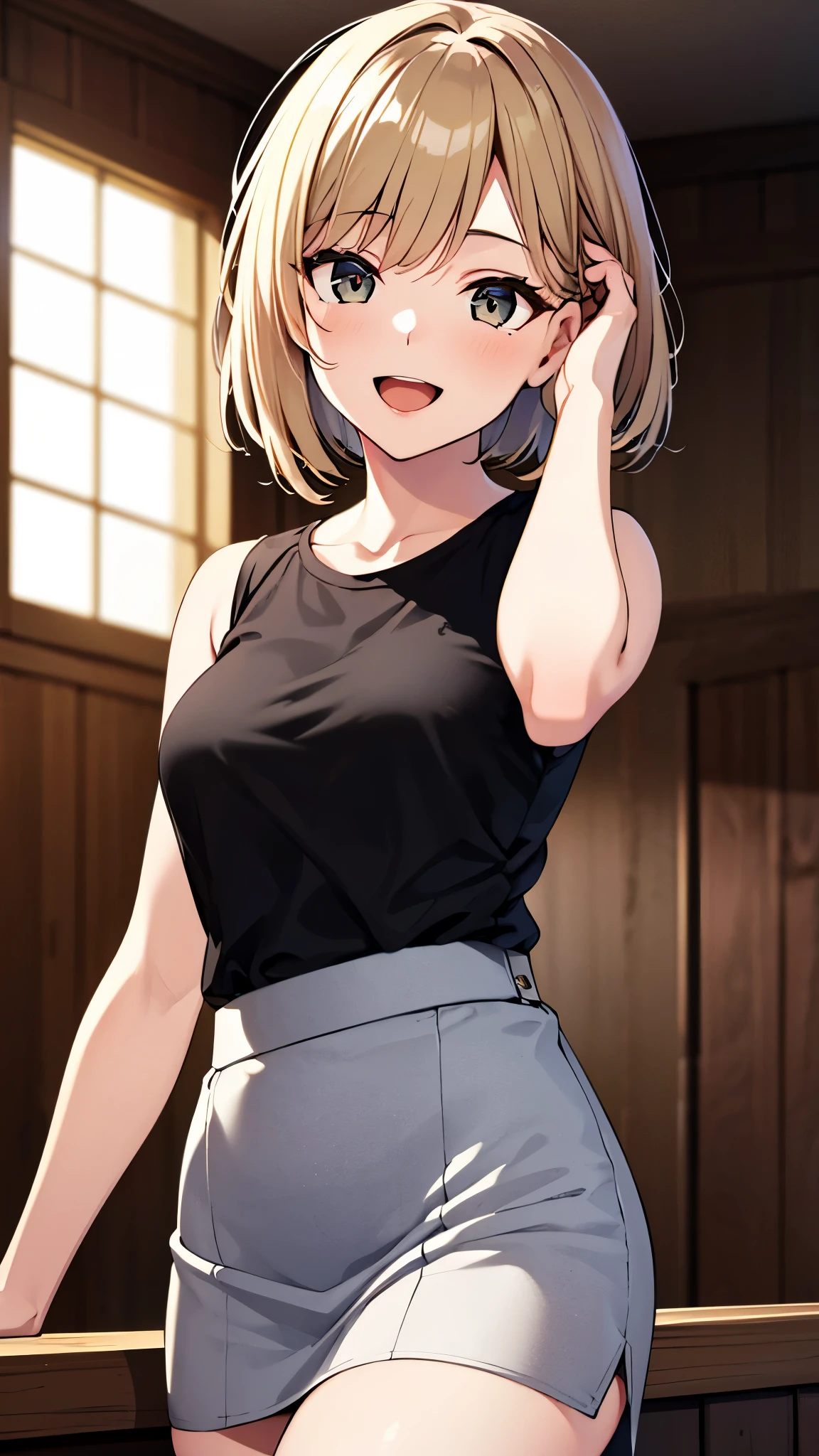 best quality, detailed face, 1girl, middle breast, smile, open mouth, casual short shirt, mini skirt, good anatomy, looking at viewer, soft focus, cinematic lighting, depth of field, happy expression, black sleeveless shirt, gray skirt, short blonde hair, (random and sexy pose)
