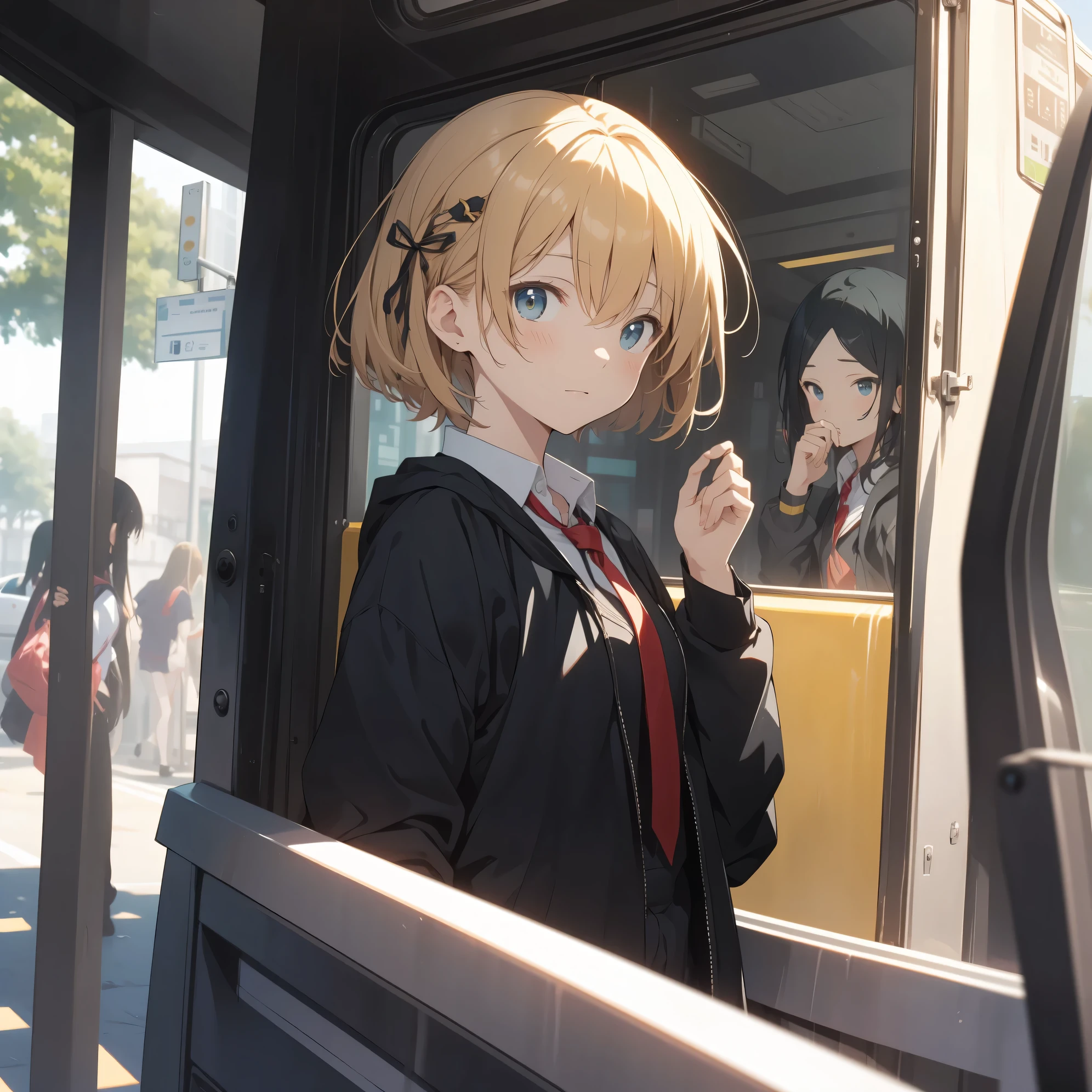 Super high quality by the art god, super detailed, High resolution, anime moe art style, best anime 8K konachan wallpaper, pixiv contest winner, perfect anatomy, break,(眠そうにalone学校へ行く女の子を描いてください. )break, 1 girl, (alone,little woman, lolita, , :1.3),All limbs, full finger,, The charm of an immature body, (very short hair), flat chest, small ass, between legs, Small black eyes, beautiful and fine eyes, Well-proportioned iris and pupils, expressive eyes, disgusted eyes, High resolutionの詳細な髪, ribbon, skirt, collared shirt, hair ornaments, neck ribbon, pleated skirt, school uniform, shirt, white shirt, (detailed lighting), (detailed background), On the way to school. break,super dense skin, Best lighting by famous artists, 8K, figure,UHD, rough skin