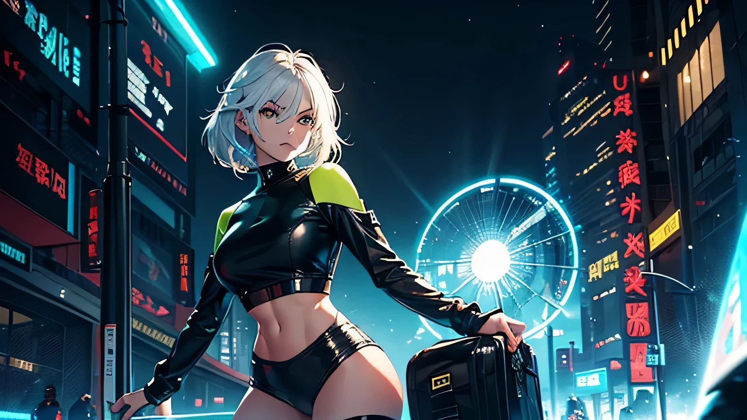 4K, A high resolution, Best quality at best, masterpiece, perfect colors, perfect shadow, perfect litthing, ((sportrait)), 1woman, fit-muscled body, bright yellow eyes，dark blue hair , blue eyes, With round lenses, The audience watched carefully, (s face: 1.2), Perfect female figure, ((standing)), ((neo green Tight crop top leather suit)), ((shy and looking at viewert)), (Perfect thick white eyebrows) Delicate fur, 详细s face, s the perfect face, At a fantasy cyberpunk city , (model pose standing), energetic background, perfect city skyscape, lighting atmosphere, ((Bonifasko lighting)), (The round lenses on his eyes)(詳細な目), Perfect student, face close up