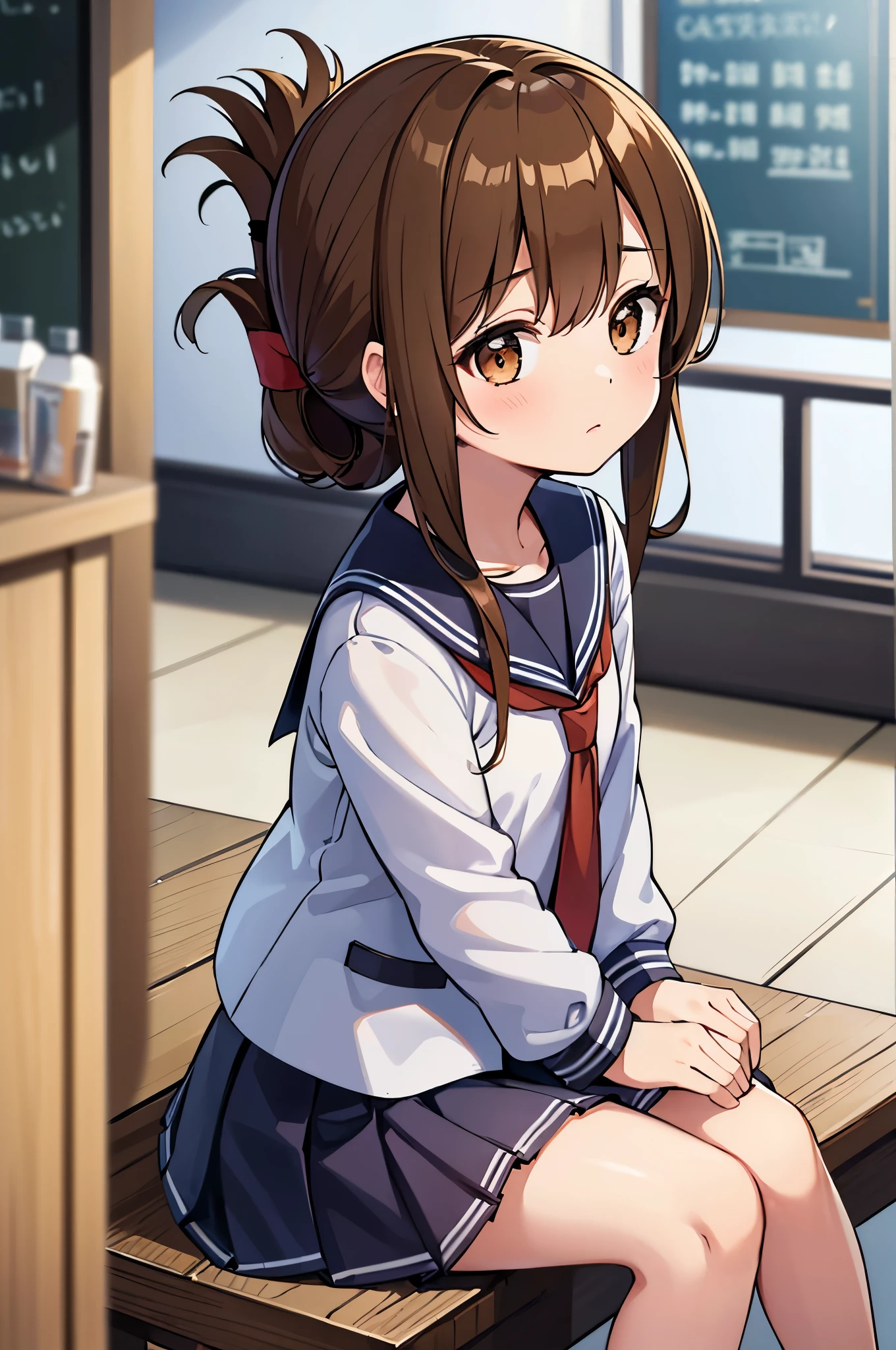 I am sitting on the floor of the school gymnasium and observing classes because I am not feeling well.,(masterpiece, best quality:1.2),illustration,8k,hd,1girl,solo,upper body,(portrait:1.2),brown_hair,folded_ponytail,brown_eyes,serafuku,long_hair,school_uniform,skirt,pleated_skirt,