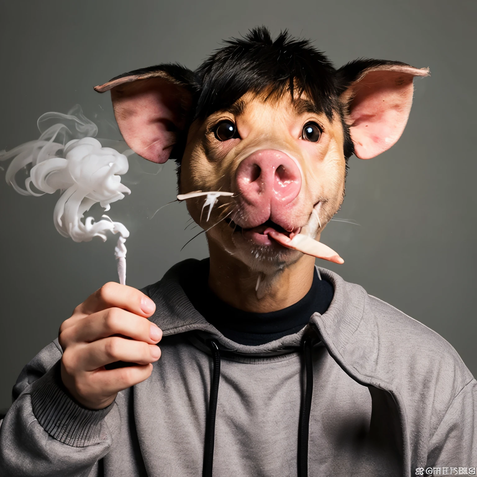 create image mutant human pig head in lif smoking,1 boy cover mouth with his hand