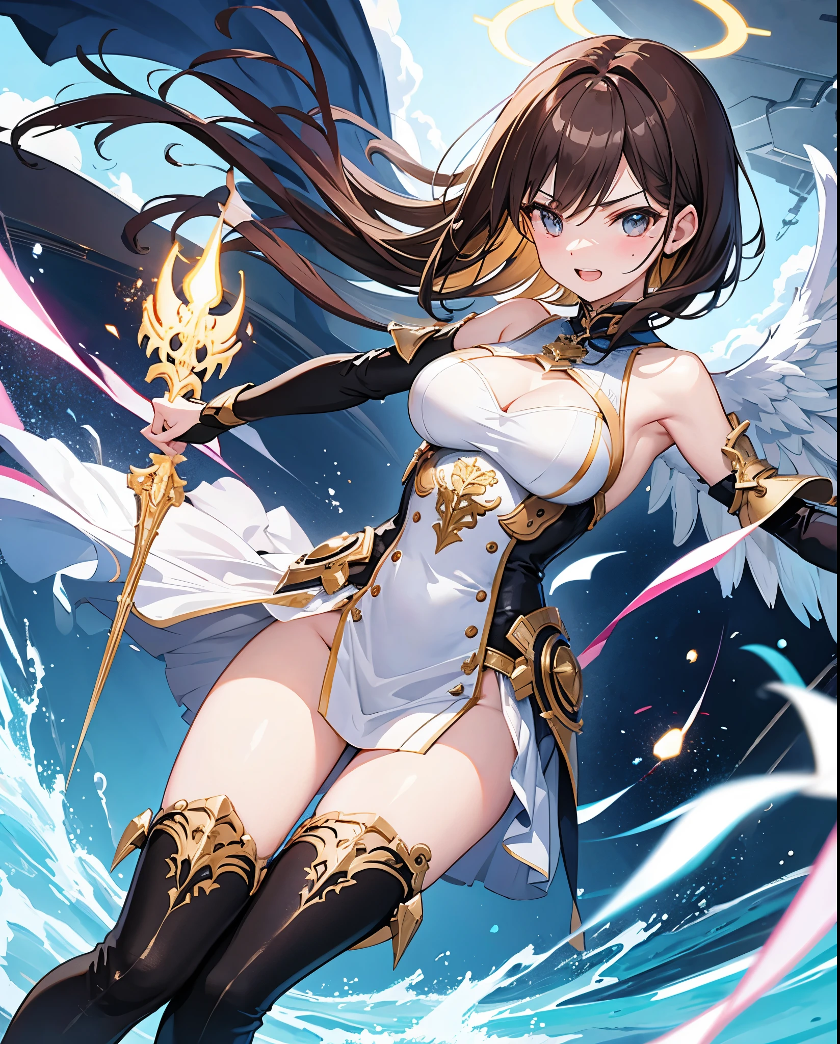 fantasy, 1angel_girl,, ,brown_hair, medium_bob_hair, long_bangs, halo,bare_shoulder,thighhighs,silver_armor, waist_armor, large_breasts,angry,grinning,open_mouth_teeth, 1pair_wings, dynamic_pose_fighting,floating, bare_crotch, headgear,gauntlet, greaves,city_sky_background,slightly_spread_legs, solo, groin_naked,