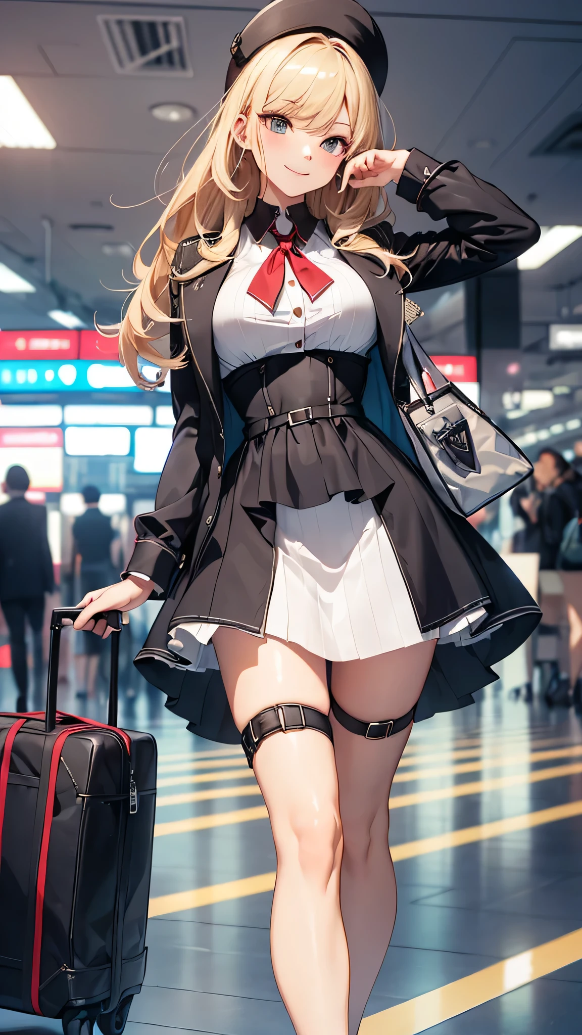 最high quality、best image quality、masterpiece、teenage girl((20-year-old、 By becoming、vest bust、medium bust,wide open breast tea、black eye, blonde hair、long hair、thin,highest valley、black suit、walk、black short skirt,chest、Eyeshadow Makeup、I have a carry bag、greeting、pointing、smile、forward leaning posture)),high quality、beautiful art、background((In the airport))、debris flies、Depth of written boundary、movie、visual art、perfect art、8K,genuine