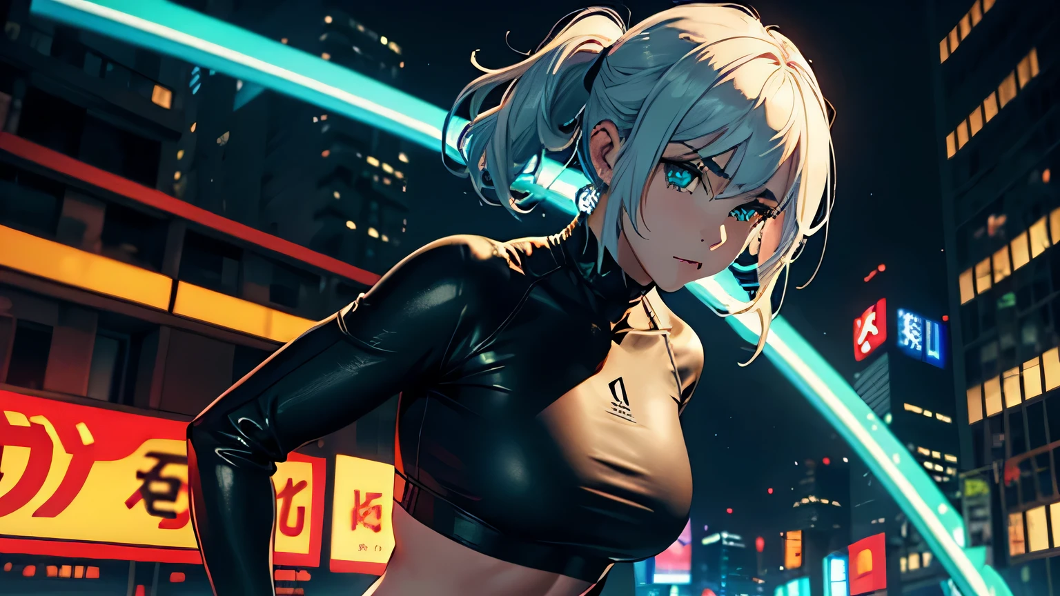 4K, A high resolution, Best quality at best, masterpiece, perfect colors, perfect shadow, perfect litthing, ((sportrait)), 1woman, fit-muscled body, bright yellow eyes,dark blue hair , blue eyes, With round lenses, The audience watched carefully, (s face: 1.2), Perfect female figure, ((standing)), ((yellow Tight crop top leather suit)), ((shy and looking at viewert)), (Perfect thick white eyebrows) Delicate fur, 详细s face, s the perfect face, At a fantasy cyberpunk city , (model pose standing), energetic background, perfect city skyscape, lighting atmosphere, ((Bonifasko lighting)), (The round lenses on his eyes)(詳細な目), Perfect student, face close up