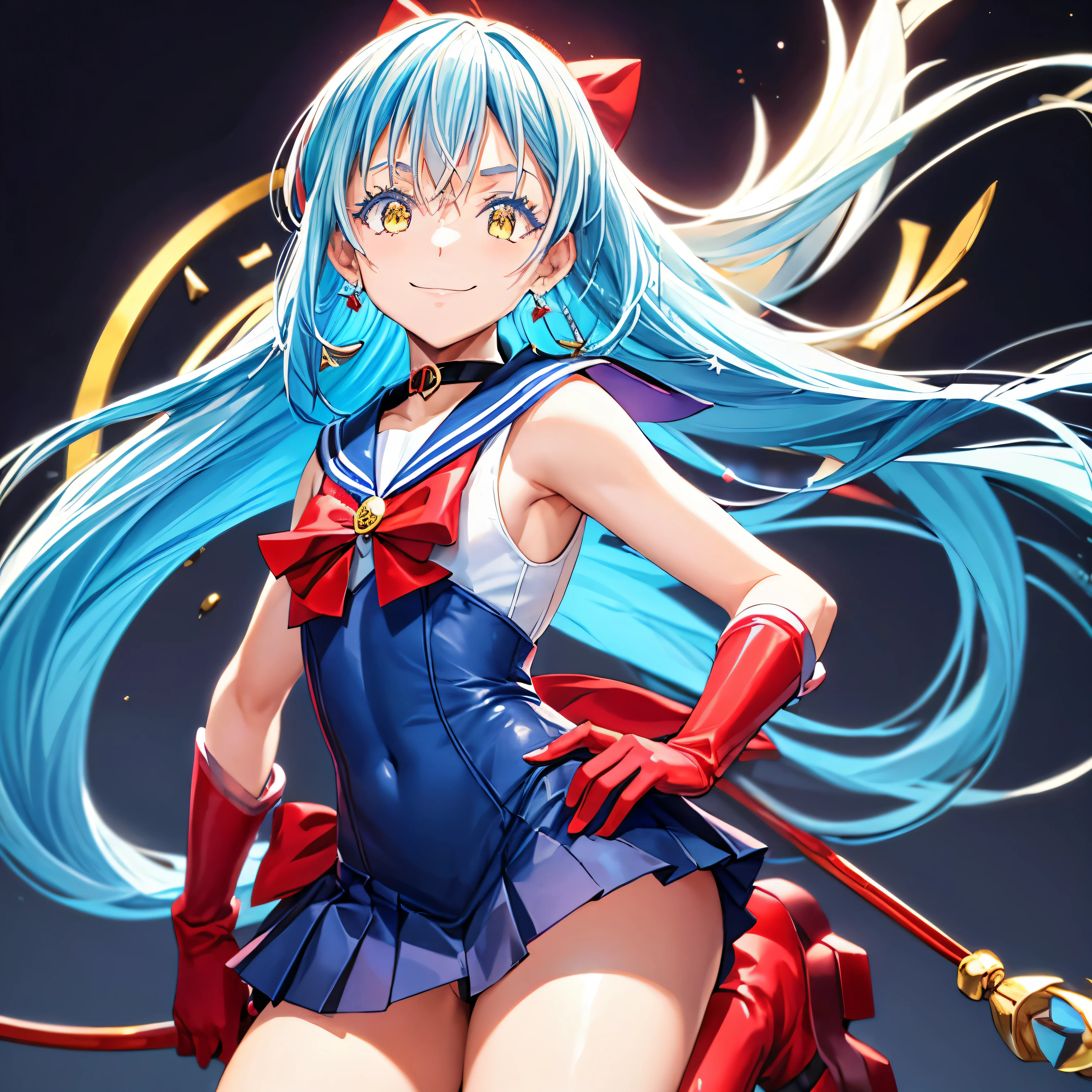 a woman in a sailor suit and shoes, long hair, smile, skirt, blue hair, gloves, bow, very long hair, closed mouth, standing, full body, pleated skirt, earrings, choker, elbow gloves, white gloves, miniskirt, sailor collar, star (symbol), golden eyes, leotard, bare legs, red skirt, magical girl, tiara, black background, red footwear, purple bow, red choker, star earrings, sailor senshi uniform, red sailor collar, Rimuru Tempest