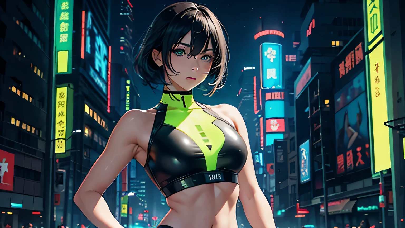 4K, A high resolution, Best quality at best, masterpiece, perfect colors, perfect shadow, perfect litthing, ((sportrait)), 1woman, fit-muscled body, bright yellow eyes，dark blue hair , blue eyes, With round lenses, The audience watched carefully, (s face: 1.2), Perfect female figure, ((standing)), ((neon green Tight crop top leather suit)), ((shy and looking at viewert)), (Perfect thick white eyebrows) Delicate fur, 详细s face, s the perfect face, At a fantasy cyberpunk city , (model pose standing), energetic background, perfect city skyscape, lighting atmosphere, ((Bonifasko lighting)), (The round lenses on his eyes)(詳細な目), Perfect student, face close up