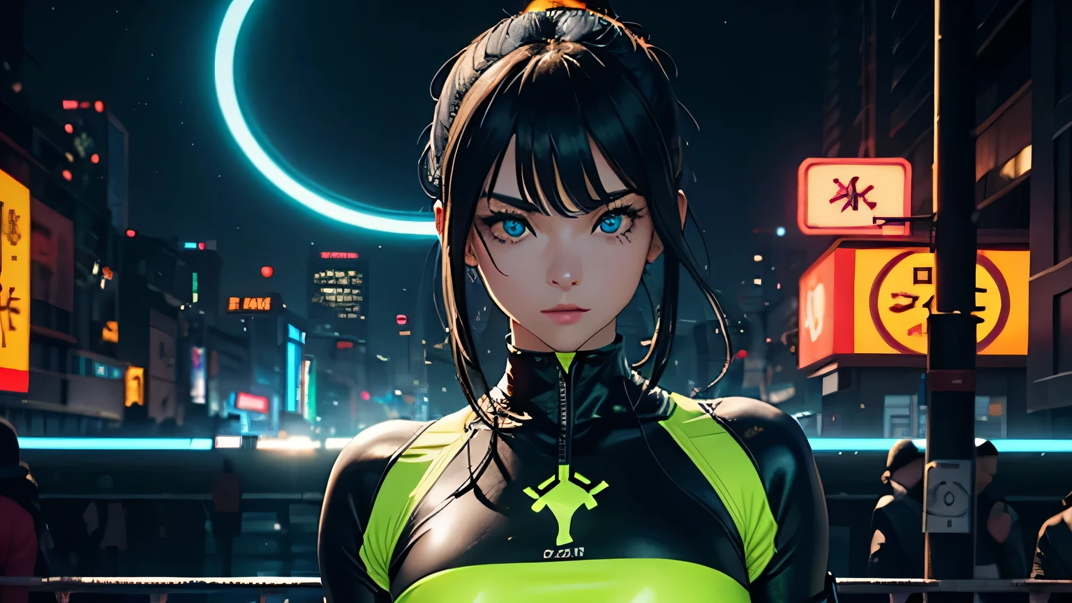 4K, A high resolution, Best quality at best, masterpiece, perfect colors, perfect shadow, perfect litthing, ((sportrait)), 1woman, fit-muscled body, bright yellow eyes，dark blue hair , blue eyes, With round lenses, The audience watched carefully, (s face: 1.2), Perfect female figure, ((standing)), ((neon green Tight crop top leather suit)), ((shy and looking at viewert)), (Perfect thick white eyebrows) Delicate fur, 详细s face, s the perfect face, At a fantasy cyberpunk city , (model pose standing), energetic background, perfect city skyscape, lighting atmosphere, ((Bonifasko lighting)), (The round lenses on his eyes)(詳細な目), Perfect student, face close up