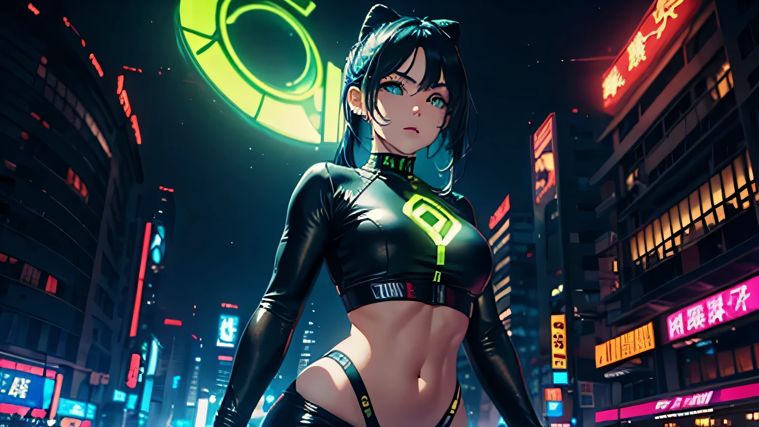 4K, A high resolution, Best quality at best, masterpiece, perfect colors, perfect shadow, perfect litthing, ((sportrait)), 1woman, fit-muscled body, bright yellow eyes，dark blue hair , blue eyes, With round lenses, The audience watched carefully, (s face: 1.2), Perfect female figure, ((standing)), ((neon green Tight crop top leather suit)), ((shy and looking at viewert)), (Perfect thick white eyebrows) Delicate fur, 详细s face, s the perfect face, At a fantasy cyberpunk city , (model pose standing), energetic background, perfect city skyscape, lighting atmosphere, ((Bonifasko lighting)), (The round lenses on his eyes)(詳細な目), Perfect student, face close up