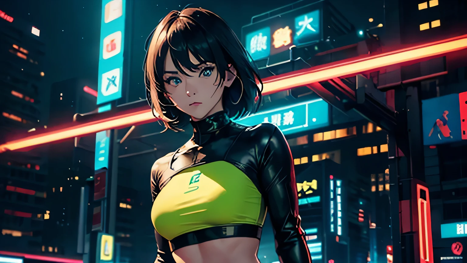 4K, A high resolution, Best quality at best, masterpiece, perfect colors, perfect shadow, perfect litthing, ((sportrait)), 1woman, fit-muscled body, face close up, bright yellow eyes, dark blue hair , blue eyes, With round lenses, detail in eyes, The audience watched carefully, (s face: 1.2), nipple bump, Perfect female figure, ((standing showing body curveand shape)), ((neon green Tight crop top neon green leather suit)),exuding a rebellious spirit as she navigates the neon-lit streets of the cyberpunk city. She is accompanied by her loyal robot companion, Bolt, who stands by her side with unwavering support., energetic background, perfect city skyscape, lighting atmosphere, ((Bonifasko lighting)), (The round lenses on his eyes)(詳細な目), Perfect student, face close up