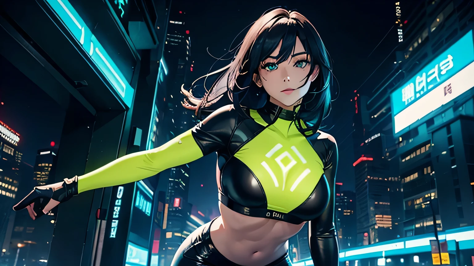 (woman wearing sci-fi clothes, cyberpunk), realistic style, (navel, fair skin, brown eyes), (sexy body, small breasts), high saturation, neon colors, (cyberpunk city background), (dynamic pose, looking to the side:1.2)| (looking at the viewer:0.9)), (long hair:1.1), (red lipstick, earrings), detailed and intricate clothes, futuristic accessories.