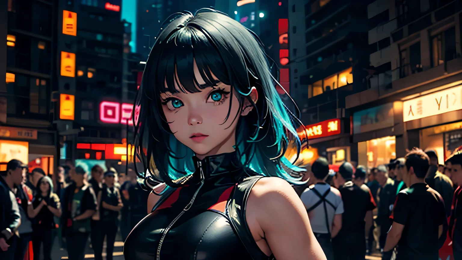 4K, A high resolution, Best quality at best, masterpiece, perfect colors, perfect shadow, perfect litthing, ((sportrait)), 1woman, fit-muscled body, bright yellow eyes，dark blue hair , blue eyes, With round lenses, The audience watched carefully, (s face: 1.2), Perfect female figure, ((standing)), ((neon green Tight crop top leather suit)), ((shy and looking at viewert)), (Perfect thick white eyebrows) Delicate fur, 详细s face, s the perfect face, At a fantasy cyberpunk city , (model pose standing), energetic background, perfect city skyscape, lighting atmosphere, ((Bonifasko lighting)), (The round lenses on his eyes)(詳細な目), Perfect student, face close up