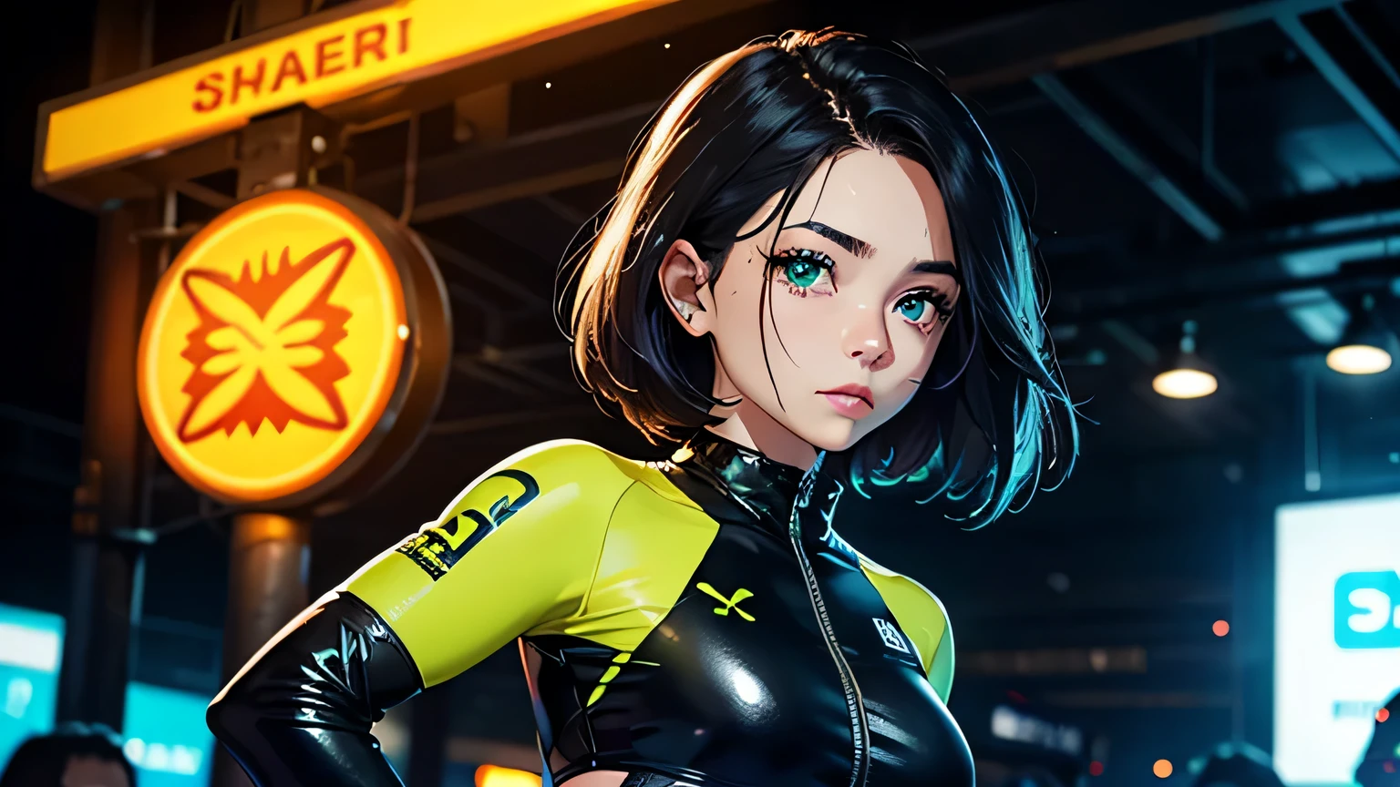 4K, A high resolution, Best quality at best, masterpiece, perfect colors, perfect shadow, perfect litthing, ((sportrait)), 1woman, fit-muscled body, bright yellow eyes,dark blue hair , blue eyes, With round lenses, The audience watched carefully, (s face: 1.2), Perfect female figure, ((standing)), ((neon green Tight crop top leather suit)), ((shy and looking at viewert)), (Perfect thick white eyebrows) Delicate fur, 详细s face, s the perfect face, At a fantasy cyberpunk city , (model pose standing), energetic background, perfect city skyscape, lighting atmosphere, ((Bonifasko lighting)), (The round lenses on his eyes)(詳細な目), Perfect student, face close up