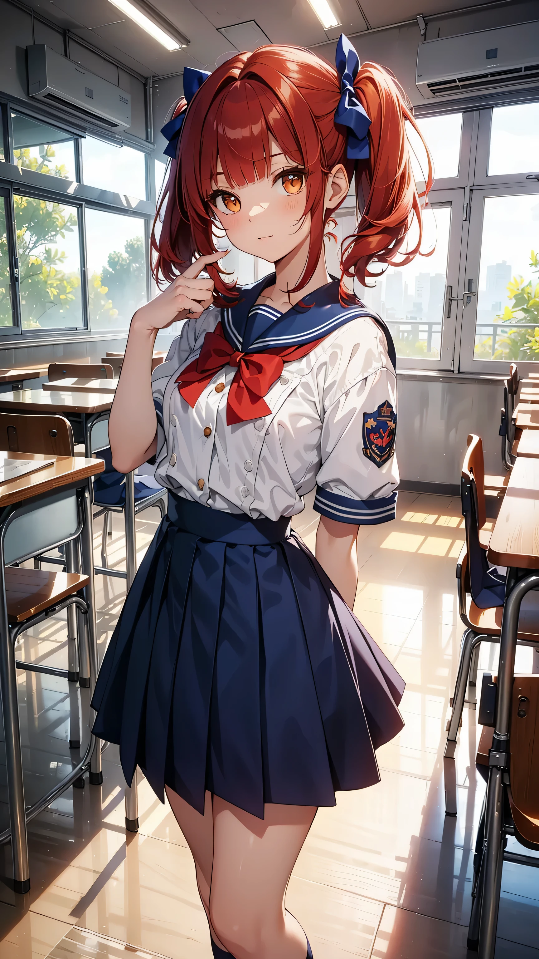 ((Calidad superior, ultra detallado, high resolution, CG extremadamente detallado, fondo de pantalla de unidad 8k, por artista famoso, perfect , super detailed skin, cinematic lighting, HD, retina, anatomically correct, 1080P)), (Por favor, draw a single happy girl walking in a school classroom. :1.3), ((1 chica)), (Solo, rostro,13歳:2.0), Un estudiante de secundaria, Androgynous Amulet, (pelo medio, ((pelo rojo completo)) ((pelirrojo)), coletas, flequillo recto, with a little bow in her hair) Extremidades completas, dedos completos, ((Dedos perfectos)), pecho plano, Cuerpo , Small rear, ingle, Hermosos ojos llenos de oro amarillo detallados., ojos perfectos, uniforme escolar marinero blanco y azul ((la blusa es blanca, la falda es azul, lazo rojo en la blusa, Cuello marinero azul, mangas cortas:)) (Detailed lighting), (antecedentes detallados), (en la zona escolar), vista de cuerpo completo, de pie, piernas, zapatos uwabaki. lindo, chica soltera kawaii (una chica), Toma de cuerpo completo. El fondo es la escuela., cuerpo delantero, I want to see her walking and see her in a vista de cuerpo completo, sin media, thin piernas, Small height, tender rostro, ((perfecciona cada 5 dedos))