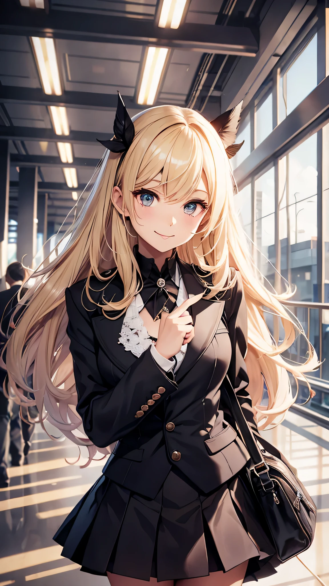最high quality、best image quality、masterpiece、teenage girl((20-year-old、 By becoming、vest bust、medium bust,wide open breast tea、black eye, blonde hair、long hair、thin,highest valley、black suit、walk、black short skirt,chest、Eyeshadow Makeup、I have a carry bag、greeting、pointing、smile、leaning forward posture)),high quality、beautiful art、background((In the airport))、debris flies、Depth of written boundary、movie、visual art、perfect art、8K,genuine