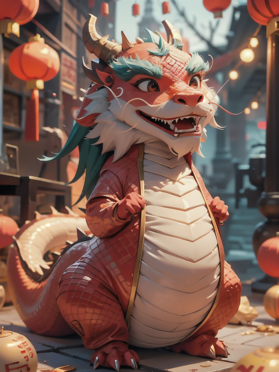 Fat Chinese dragon with smile，Modeled with clay，Festive red hue，Placed in a 3D scene in a minimalist environment。Bright light，Cooperate with c4d technology with a strong sense of science and technology，Make styling details exquisite，Resolution up to 8K，Show super high quality。This highly detailed work emphasizes the visual appreciation，Excellent expressiveness from the camera angle