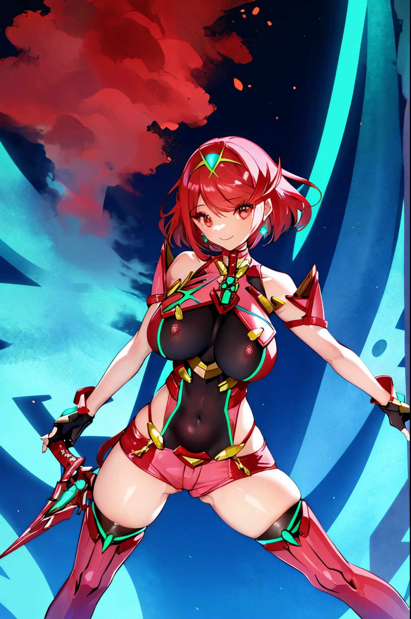 pyra \(xenoblade\), _1girl, , bangs, black gloves, breasts, red eyes, shout, earrings, eyelashes, fingerless gloves, floating hair, , gem, gloves, hair ornament, headpiece, jewelry, big_breasts, leaning back, swimsuit, neon trim, official art, pose, red hair, saitou masatsugu, short hair, sidelocks, skin tight, solo, swept bangs, thighhighs, tiara, fantasy_town_background, underbust, xenoblade chronicles \(series\), (xenoblade chronicles 2), (spread_legs:1.1), fire_effect,fighting,light_smile, big_ass,huge_sword, hold_large_sword_hilt, covered_nipples, covered_pussy, fists,beautiful_fingers,(solo:1.1), bare_shoulder,(shoulder_naked:1.2), (very_short_shorts:1.3),(lise_leg:1.4)