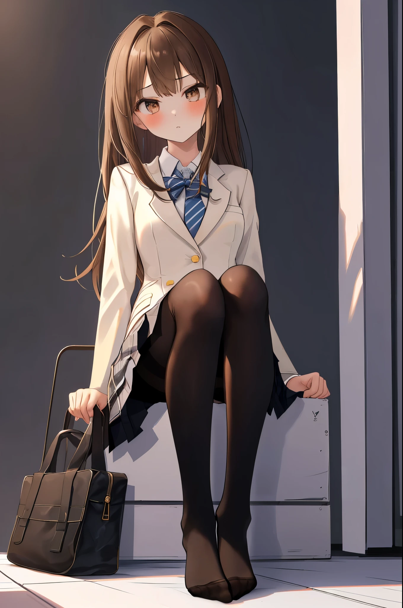 finest, masterpiece, High resolution, (Full body view from head to toe), front, frontやや下からの構図, Symmetrical, 18 year old girl, alone, (whole body from head to toe), (small breasts), messy brown hair, bangs, (black tights), (black pantyhose), (sitting with legs spread apart), (squating pose), (composition showing white panties), (Her legs are spread open and her white panties are visible.), (made to sit on the floor with legs spread), (M-shaped legs), とても美しい18 year old girl, (not wearing shoes), blush, shy big eyes, looking at camera, Blazer Uniform, Plaid pleated skirt