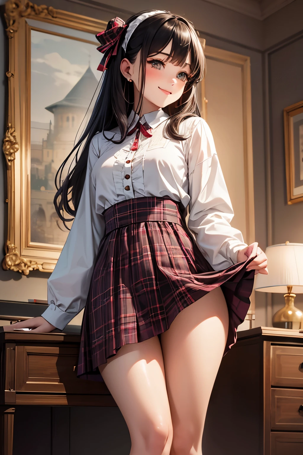 very cute and beautiful girl,(highly detailed beautiful face and eyes),
(smile),blush,(white blouse,ribbon),black hair,twin braid,sitting,(spread legs),
pleated plaid mini skirt,(white panties),antique hotel bedroom,gorgeous furnitures,
(best quality,masterpiece:1.0),absurdres,highres,ultra-detailed,extremely detailed,32k,8k resolution,
intricate details,cinematic scene,detailed background,solo,dynamic angle,