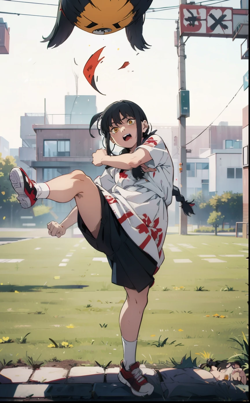 1girl,Kick, A girl kicking a guy in the crotch, a girl in a light dress, braid, black hair, nayuta, yellow eyes, full body, ((white background)) , masterpiece ,nayuta