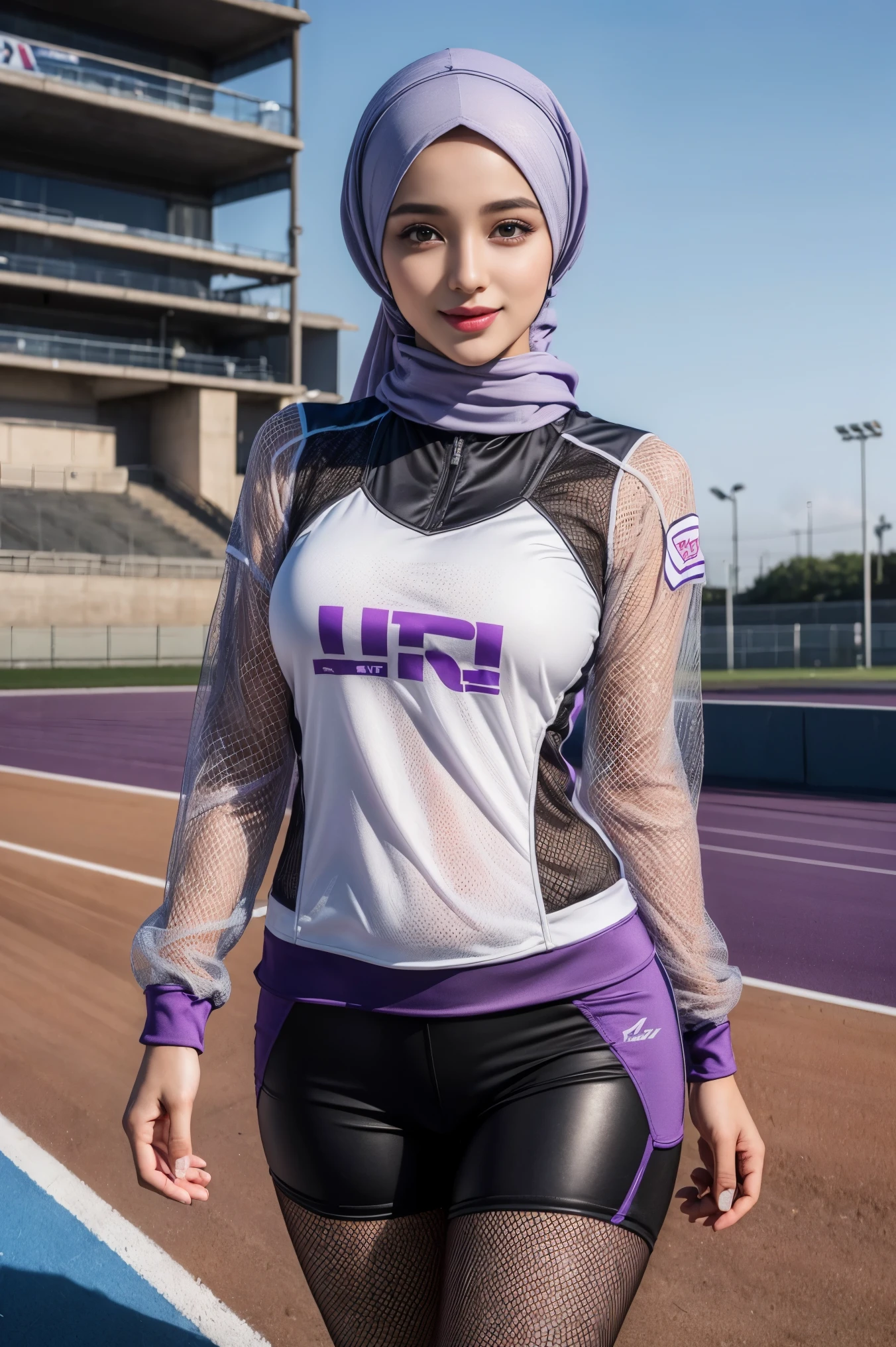 1 lady, 20 years old, pale skinned, thin body, wearing peach hijab, hijab covers whole hair, wearing tight triathlon suit, short sleeve, standing while holding bicyle, outdoor, shiny skin, big breast (huge breast 1.6), shot from front