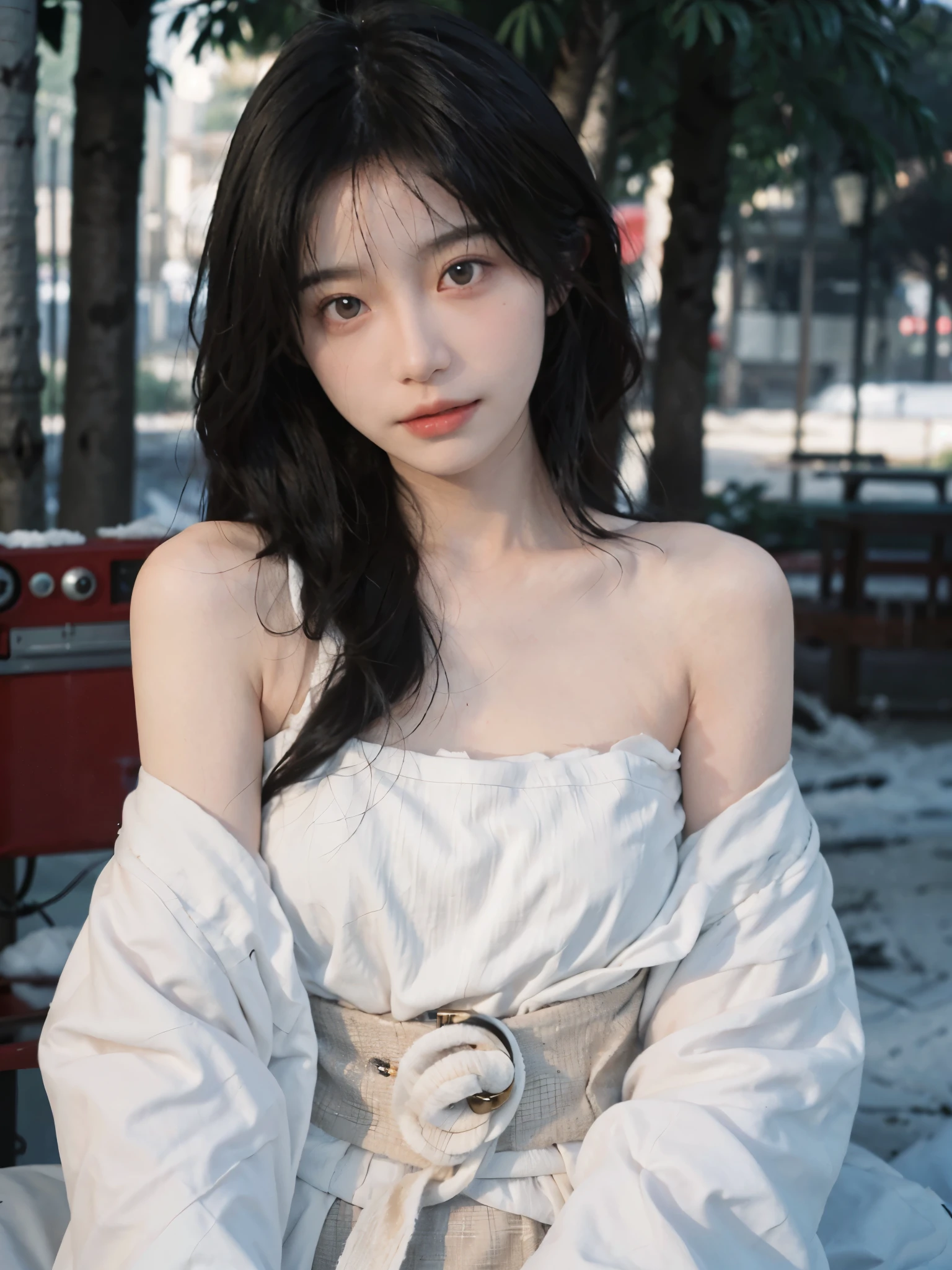 Film portrait photography, 2 girls, bare shoulders, Shoulder length wavy hair, White coat，Snow white sling， (Realistic and detailed eyes, natural skin texture, Realistic facial details),, depth of field, Bokeh, Vibrant details, Detailed and detailed, Surrealism, 35mm film, hazy, ,self-shot，