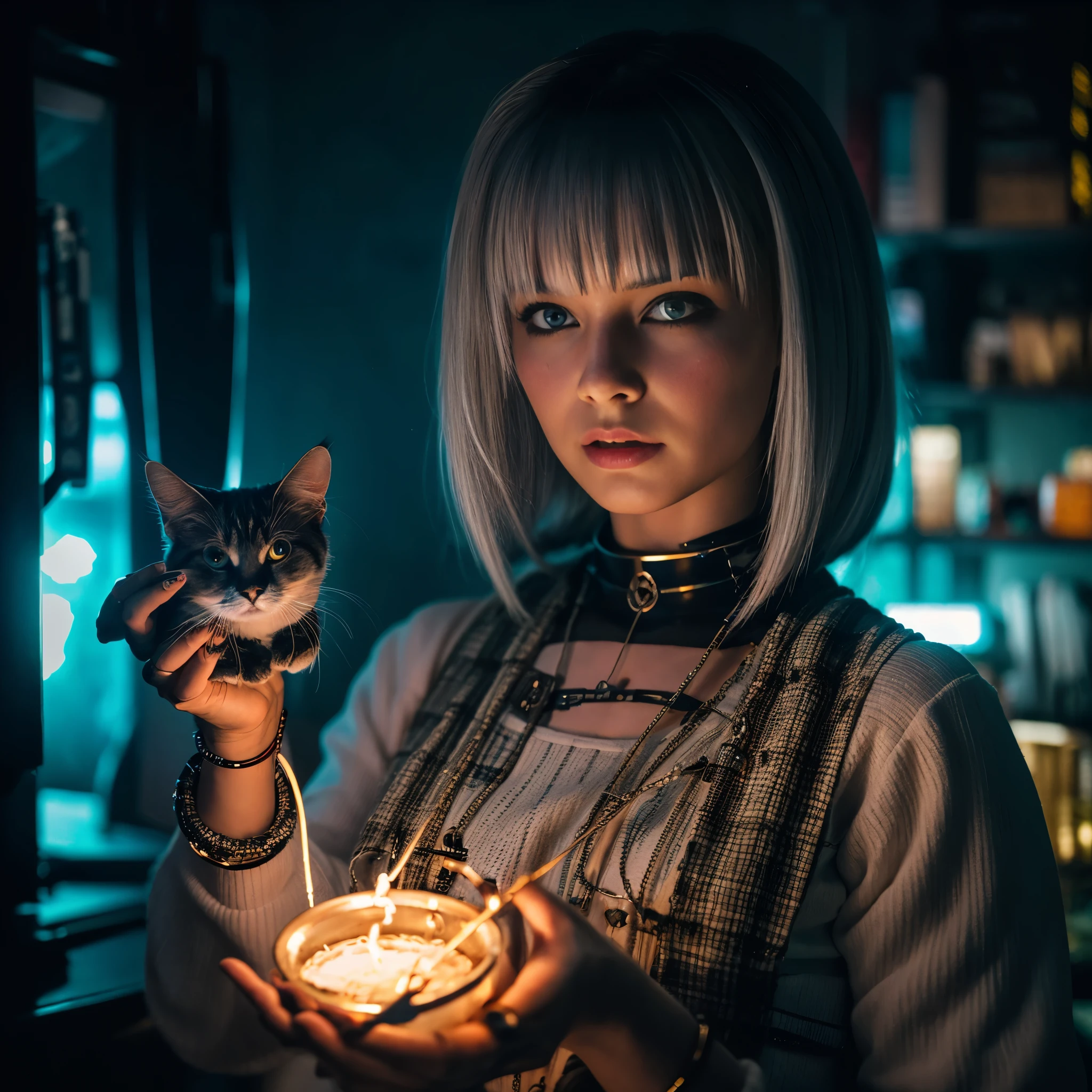 Hyper-beautiful Cheshire cyberpunk girl with a white kitten in her hands, cinematic horror, a mystic, realistic photography, silver gold threads, dim lighting, RAW Photography
