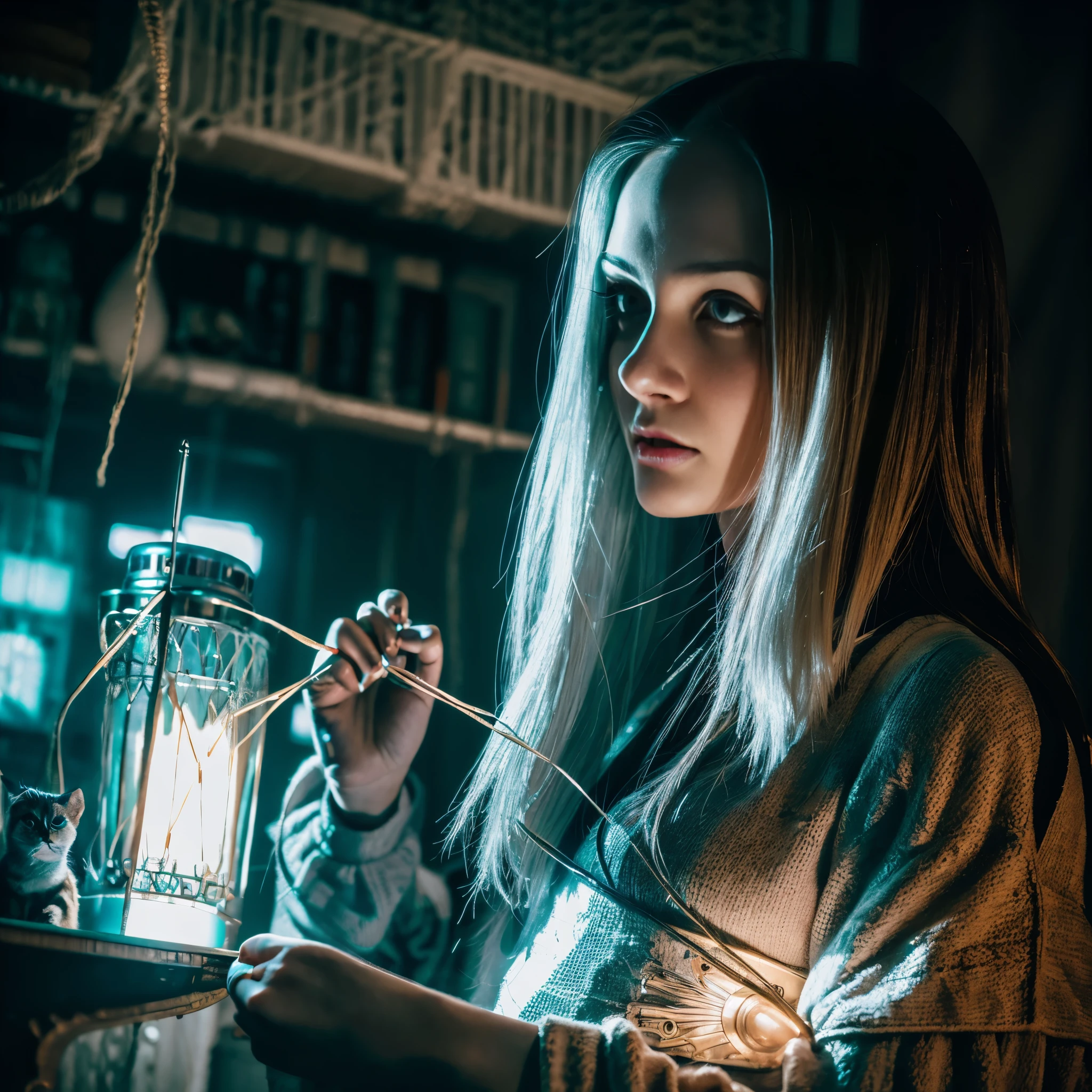 Hyper-beautiful Cheshire cyberpunk girl with a white kitten in her hands, cinematic horror, a mystic, realistic photography, silver gold threads, dim lighting, RAW Photography