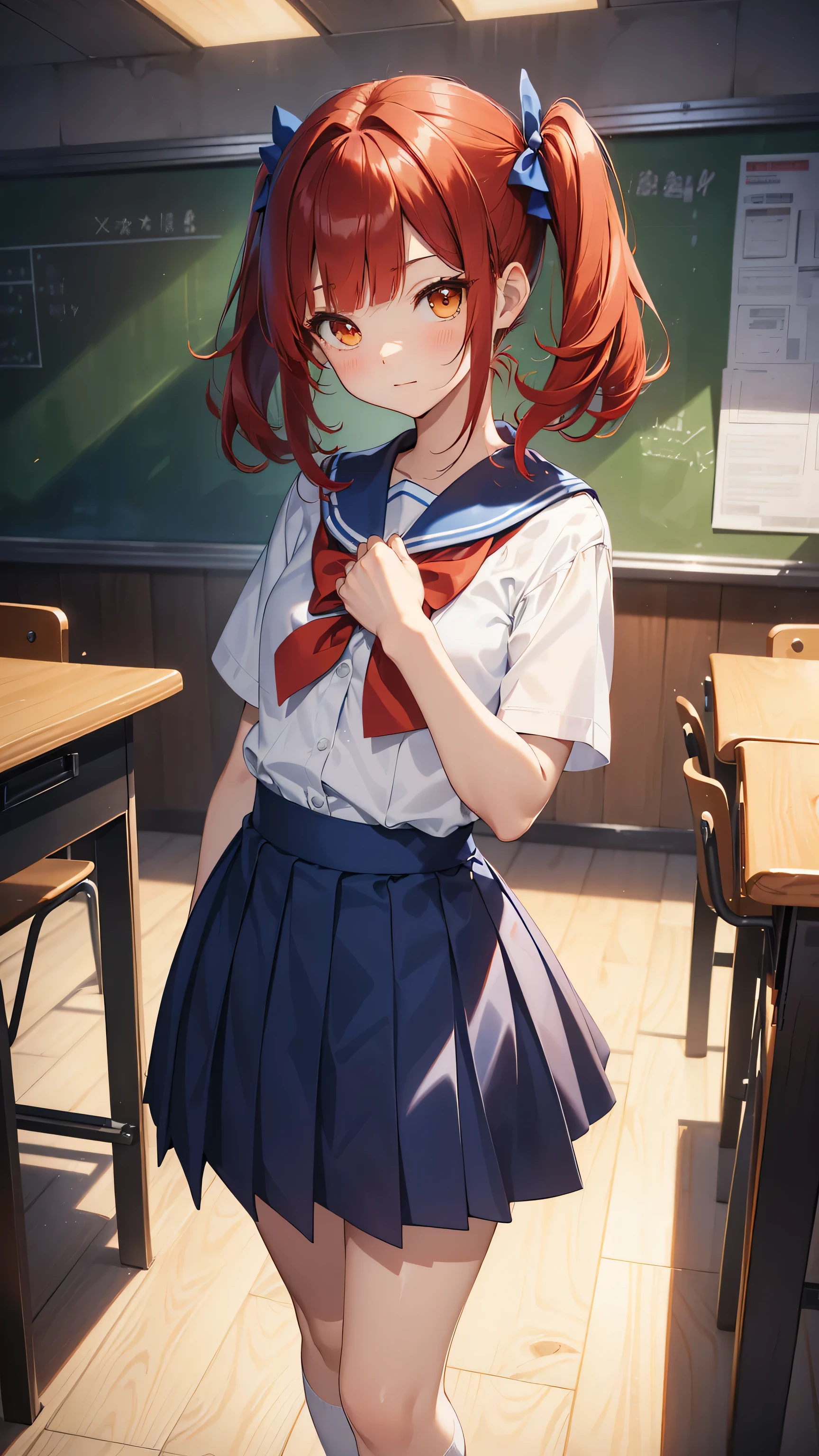 ((Calidad superior, ultra detallado, high resolution, CG extremadamente detallado, fondo de pantalla de unidad 8k, por artista famoso, perfect anatomy, super detailed skin, cinematic lighting, HD, retina, anatomically correct, 1080P)), (Por favor, draw a single happy girl walking in a school classroom. :1.3), ((1 chica)), (Solo, rostro,13歳:2.0), Un estudiante de secundaria, Androgynous Amulet, (pelo medio, ((pelo rojo completo)) ((pelirrojo)), coletas, flequillo recto, with a little bow in her hair) Extremidades completas, dedos completos, ((Dedos perfectos)), pecho plano, Cuerpo , Small rear, ingle, Hermosos ojos llenos de oro amarillo detallados., ojos perfectos, uniforme escolar marinero blanco y azul ((la blusa es blanca, la falda es azul, lazo rojo en la blusa, Cuello marinero azul, mangas cortas:)) (Detailed lighting), (antecedentes detallados), (en la zona escolar), vista de cuerpo completo, de pie, piernas, zapatos uwabaki. lindo, chica soltera kawaii (una chica), Toma de cuerpo completo. El fondo es la escuela., cuerpo delantero, I want to see her walking and see her in a vista de cuerpo completo, sin media, thin piernas, Small height, tender rostro, ((perfecciona cada 5 dedos))