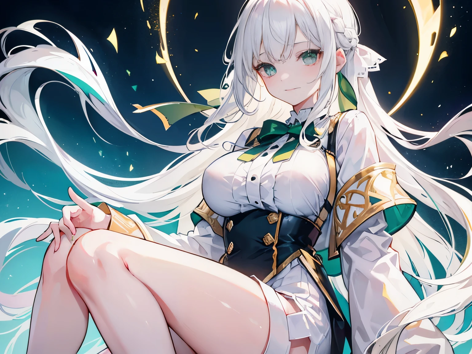 white haired young woman, 25 years old, body, golden eyes, long hair,Green braid tied in bows left and right..........big breasts..,, Wear a white shirt. Shorts above the knees......large white chest, Wear Van teaching a color movie with a slight smile on his face.....................