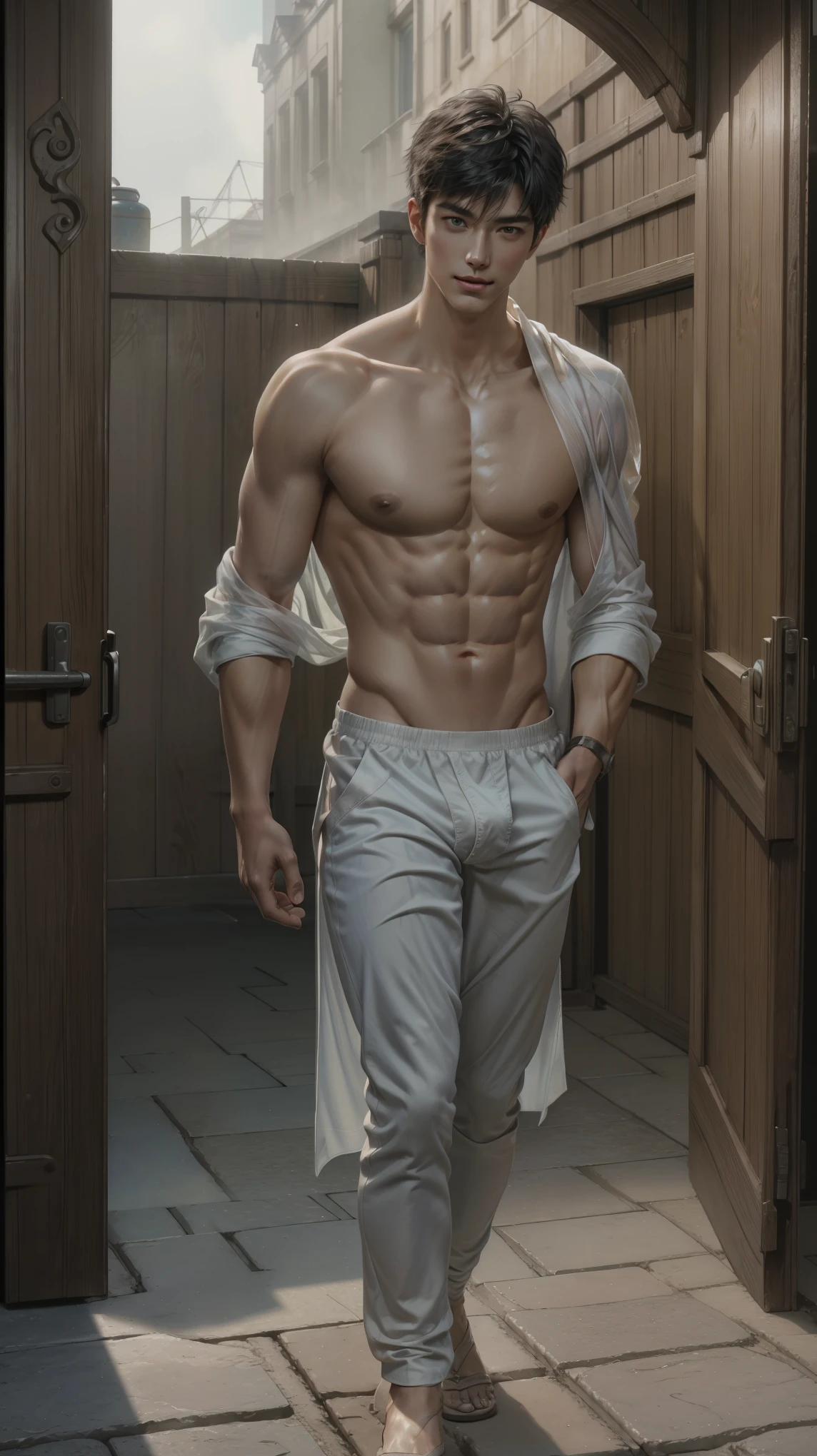 1 man, (male model) hot skin, masterpiece, best quality, most handsome man in the world, by Shen Quan, perfect body, beautiful male model, an attractive man 18-24 years old aesthetic, blossoms in spring, green fields, spring, plains, trees, flowers, blue sky, rough and handsome young man in white transparent robe, white transparent fabric, shirtless jacket shoulders, exposed chest muscles, exposed thighposed transparent white briefs)), (male focus), (smooth body)), smile, super cute, dynamic pose, cool and seductive, dramatic lighting, full body shot, full body shoot, young face, full body, body hairless, skinny tall, fit body, nt, white or white skin, young face, firm body, hd, natural flesh tone, soft light, highly detailed, looking at the audience, photography, detailed skin, real person, realistic, photorealistic realistic, crazy detail, facial detail, hype maximization, hype surrealism, film, telephoto, lighting complex detail , Highly detailed, Highly detailed, Digital painting, artstation, concept art, smooth, sharp focus, illustration, Unreal Engine 5, 8K, art by Ross Tran and Greg Rutkowski and Alphonse Mucha, UHD, 8k, Show men only .8k Ultra HD, DSLR, dim lighting, high quality, film grain, Fujifilm XT3, male fan, 2-person, two-person model.