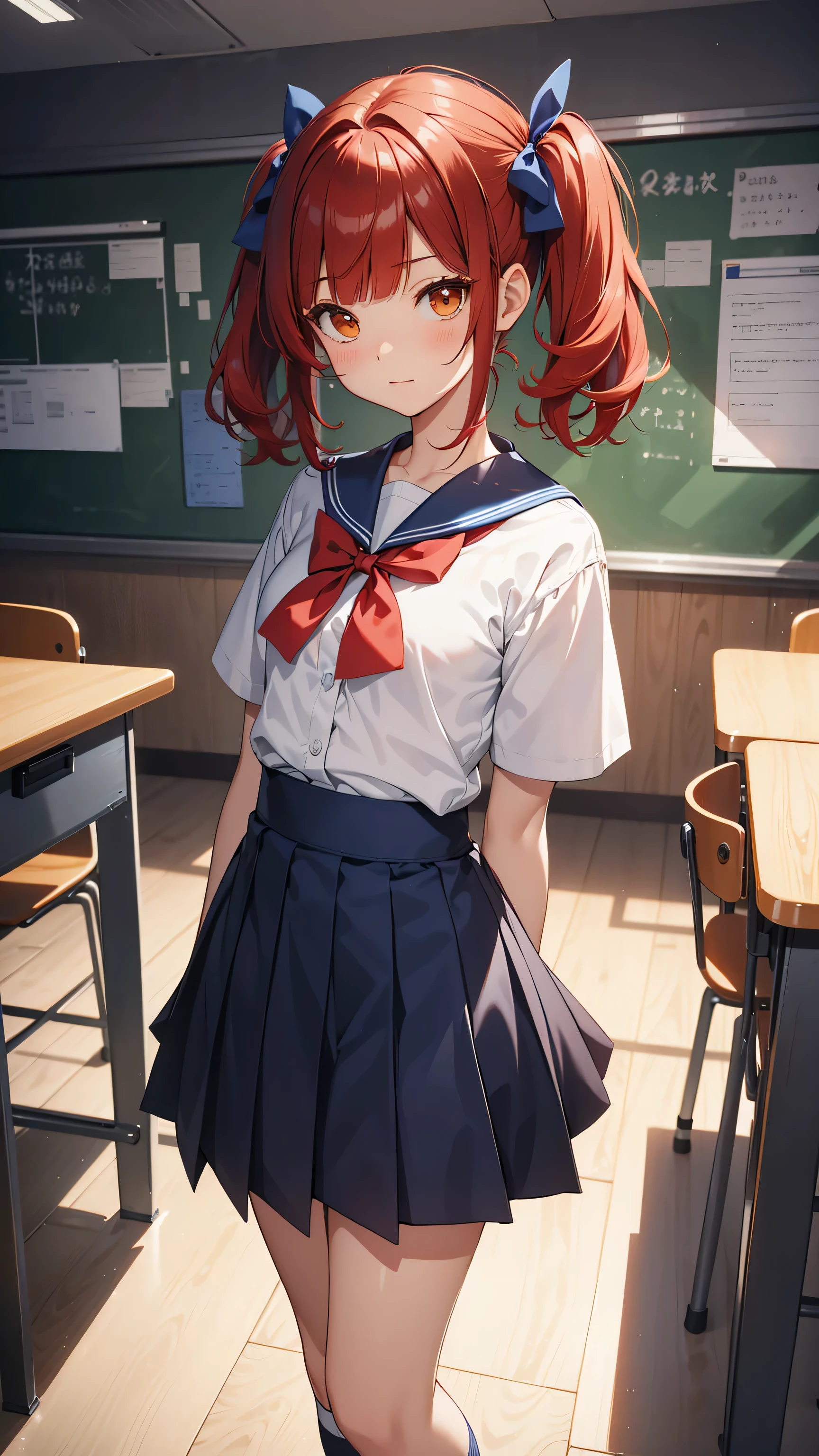 ((Calidad superior, ultra detallado, high resolution, CG extremadamente detallado, fondo de pantalla de unidad 8k, por artista famoso, perfect anatomy, super detailed skin, cinematic lighting, HD, retina, anatomically correct, 1080P)), (Por favor, draw a single happy girl walking in a school classroom. :1.3), ((1 chica)), (Solo, rostro,13歳:2.0), Un estudiante de secundaria, Androgynous Amulet, (pelo medio, ((pelo rojo completo)) ((pelirrojo)), coletas, flequillo recto, with a little bow in her hair) Extremidades completas, dedos completos, ((Dedos perfectos)), pecho plano, Cuerpo , Small rear, ingle, Hermosos ojos llenos de oro amarillo detallados., ojos perfectos, uniforme escolar marinero blanco y azul ((la blusa es blanca, la falda es azul, lazo rojo en la blusa, Cuello marinero azul, mangas cortas:)) (Detailed lighting), (antecedentes detallados), (en la zona escolar), vista de cuerpo completo, de pie, piernas, zapatos uwabaki. lindo, chica soltera kawaii (una chica), Toma de cuerpo completo. El fondo es la escuela., cuerpo delantero, I want to see her walking and see her in a vista de cuerpo completo, sin media, thin piernas, Small height, tender rostro, ((perfecciona cada 5 dedos))