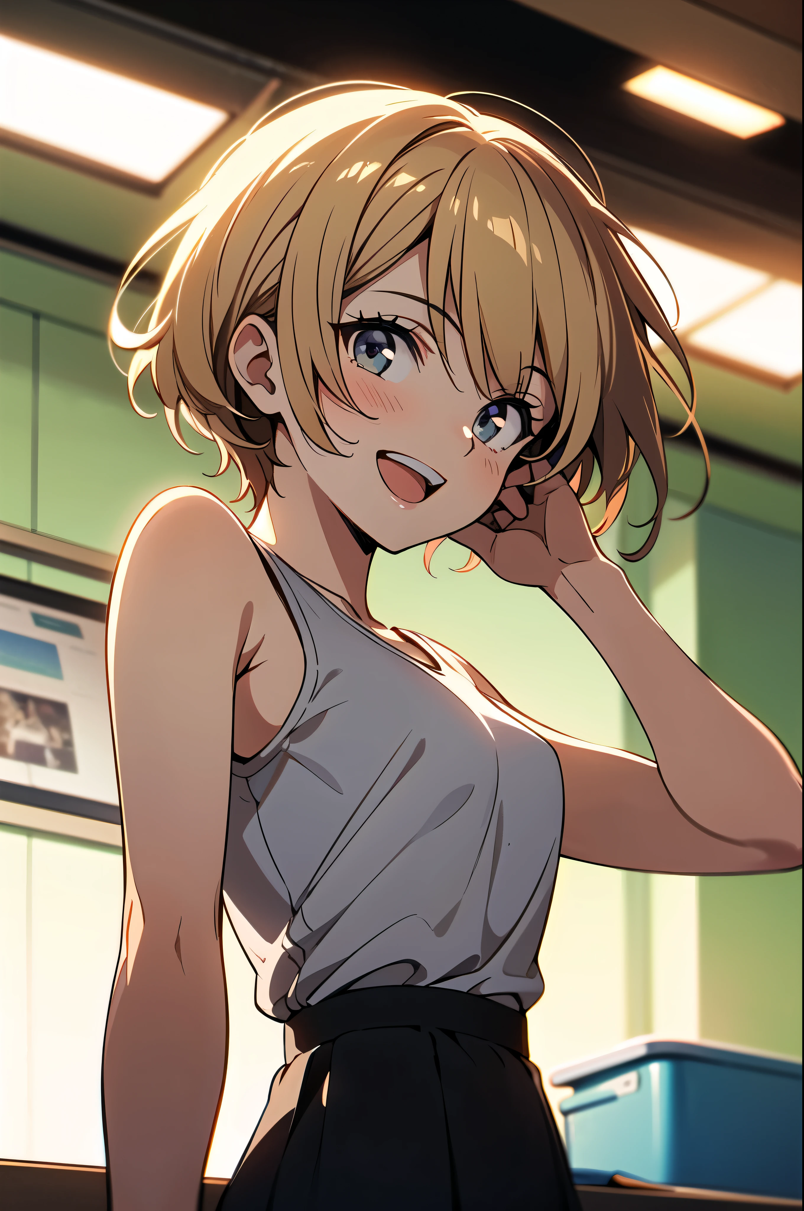 highest quality, detailed face, 1 girl, middle chest, smile, open your mouth, casual short shirts, mini skirt, excellent anatomy, looking at the viewer, soft focus, cinematic lighting, Depth of bounds written, happy expression, Black sleeveless shirt, gray skirt, short blonde hair, (random sexy poses), from below