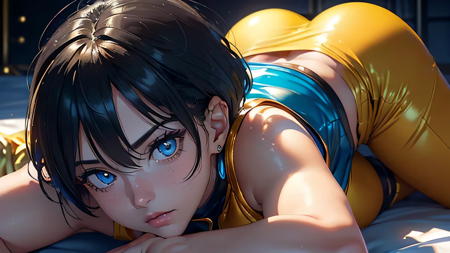1woman, fit-muscled body, medium breast, bright yellow eyes,dark blue hair , blue eyes, With round lenses, The audience watched carefully, (s face: 1.2), Perfect female figure, ((yellow Tight crop top yellow leather suit), ((Bonifasko lighting)), (The round lenses on his eyes)(詳細な目), Perfect student, (best quality,16K ultra-fine CG wallpaper,masterpiece:1.2,excellent image quality,super-detailed),(exquisite lighting and shadow,subtle and beautiful),(realistic smooth skin,bright face),(18K close-up perfect display),(adorable girl wearing a perfect sleeveless shirt and a long skirt),(lying face down on a big white bed),(eyes like colorful gemstones)