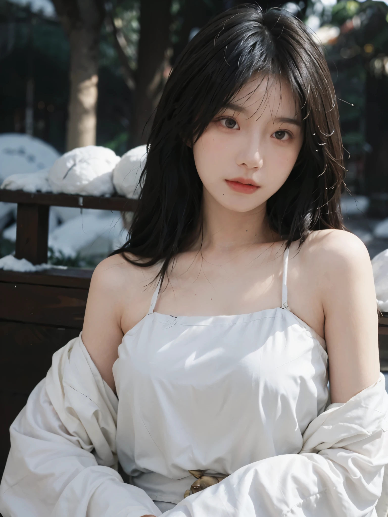 Film portrait photography, 2 girls, bare shoulders, Shoulder length wavy hair, White coat,Snow white sling, (Realistic and detailed eyes, natural skin texture, Realistic facial details),, depth of field, Bokeh, Vibrant details, Detailed and detailed, Surrealism, 35mm film, hazy, ,self-shot,