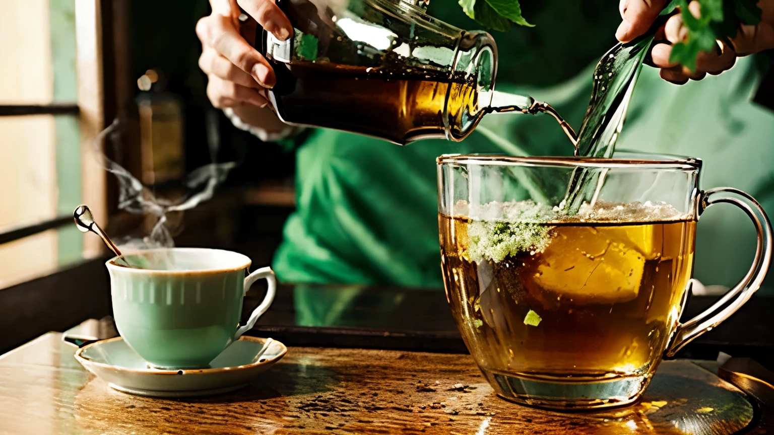 I want the ingredients to appear (((Mint))) (((MULHER 40 anos realista))) SMILING WITH A KETTLE AND TEA GLASS PUTTING INTO A CUP IN A CUP