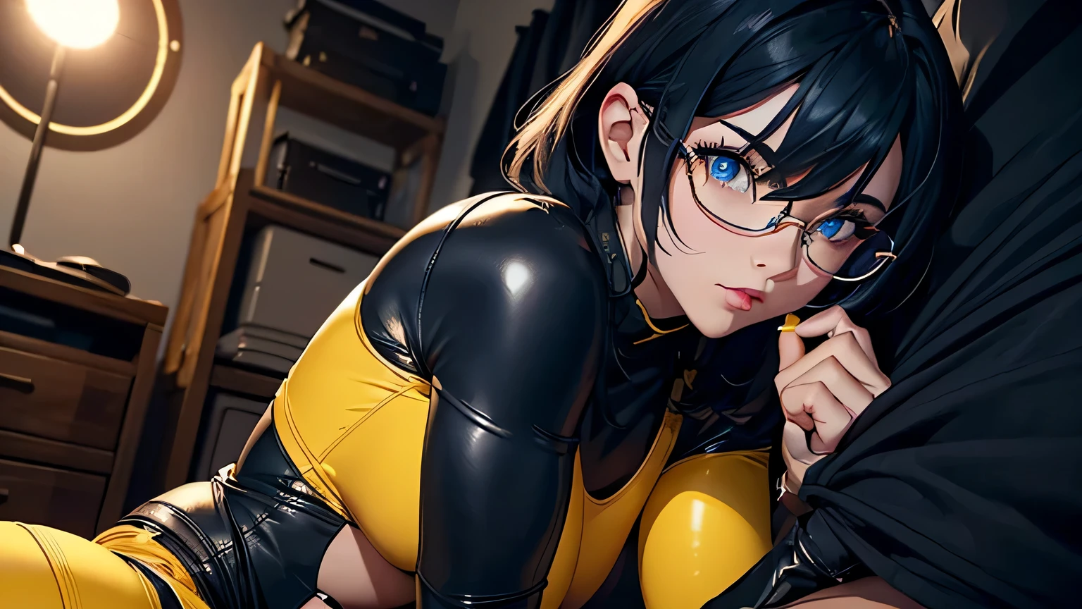1woman, fit-muscled body, medium breast, bright yellow eyes,dark blue hair , blue eyes, With round lenses, The audience watched carefully, (s face: 1.2), Perfect female figure, ((yellow Tight crop top yellow leather suit), ((Bonifasko lighting)), (The round lenses on his eyes)(詳細な目). big breasts and big ass, his penis is covered by a black blanket. She is sitting on bed