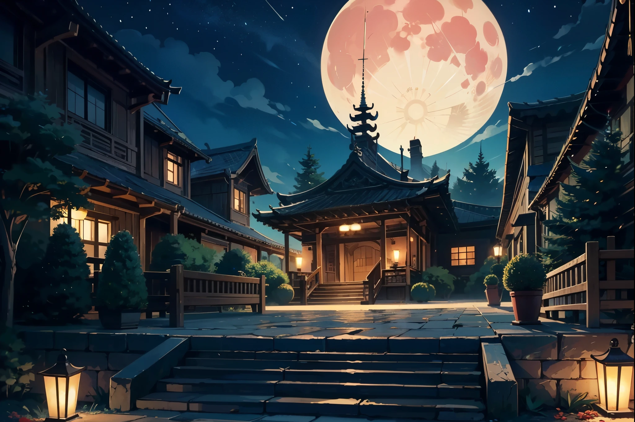 epic quality, atmosphere, nature scenery, wuxia aesthetic, raytracing, smooth, (colorful), (detailed complex busy background: 0.8), fantasy flowers, (night:1.4), intricate details, beautiful glitters, flat illustration, time stop, (ultra-detailed), photon mapping, ((intricate detail)), cinematic lighting, volumetric lighting, (big moon)