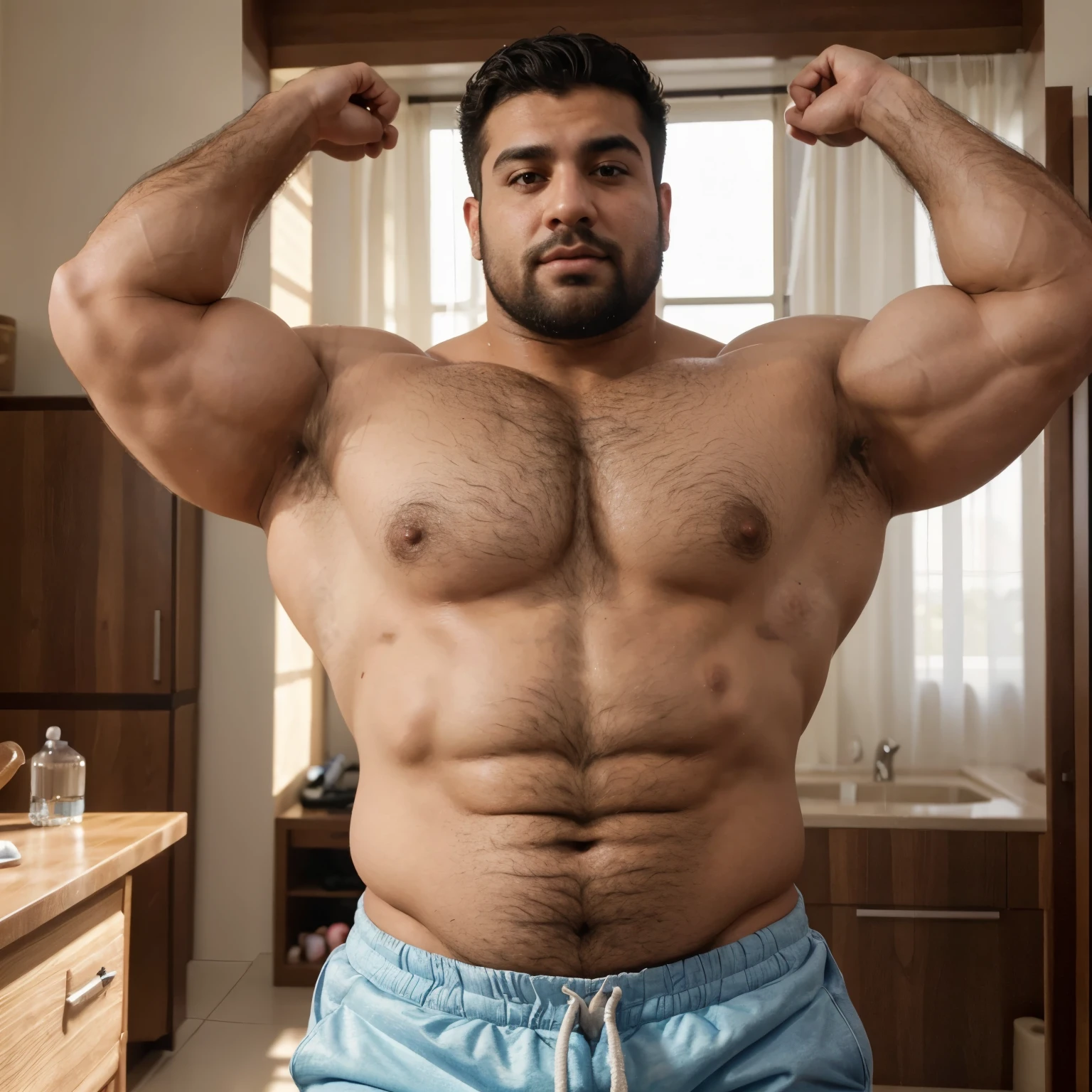 (best quality,highres),muscular chub middle eastern shirtless man,thick body,hairy chest,sexy look,strong arms,veiny arms,big pecs,visible bulge,lifting arm,hairy armpit,confident expression,vivid colors,physically-based rendering,realistic lighting