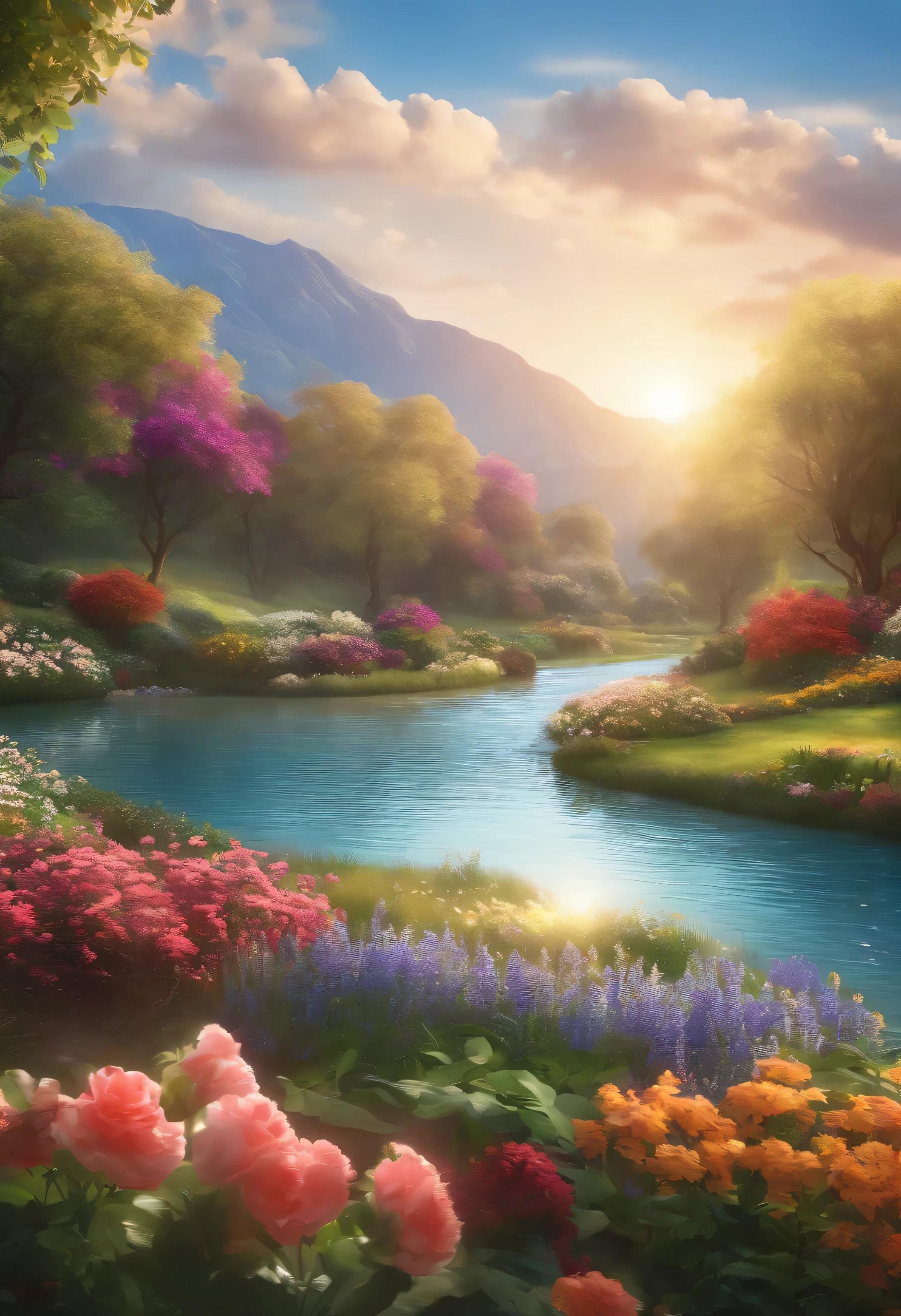 Abbildung Ihres Namens, 8k picture quality, beautiful landscape background, Fluss, Blumenbeet
