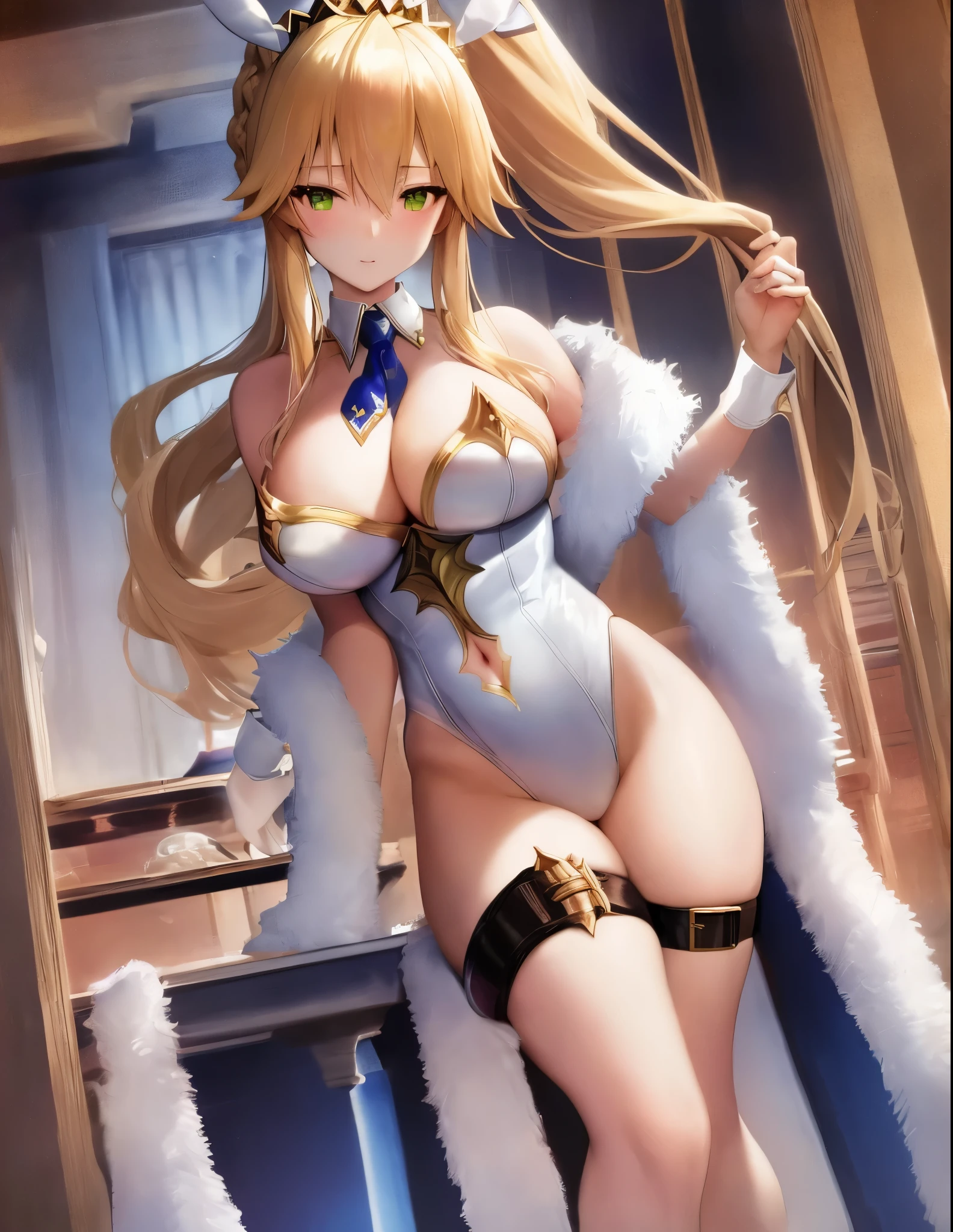 masterpiece, best quality, absurdres, soft lighting, looking at viewer, (light_smile:0.6),
1girl, ahoge, rabbit ears, playboy bunny, artoria pendragon \(swimsuit ruler\) \(fate\), large breasts , blonde hair, green eyes, french braid, pony tail
bare shoulders, large breasts , cleavage,
clothing cut out, wrist cuffs, detached collar, navel cutout, feather boa,
white leotard, blue necktie, blue pantyhose, single thigh strap, hands behind head,
white background,