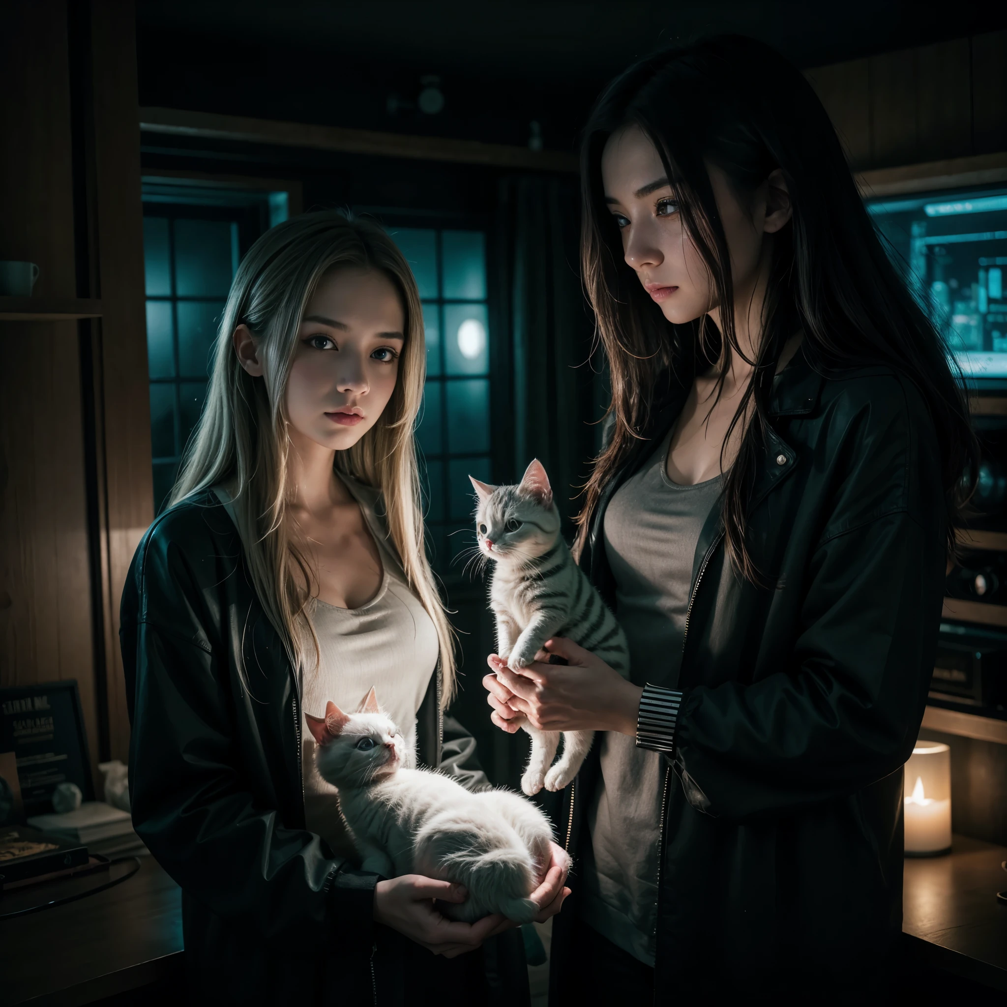 Hyper-beautiful Cheshire cyberpunk girl with a white kitten in her hands, cinematic horror, a mystic, realistic photography, silver gold threads, dim lighting, RAW Photography