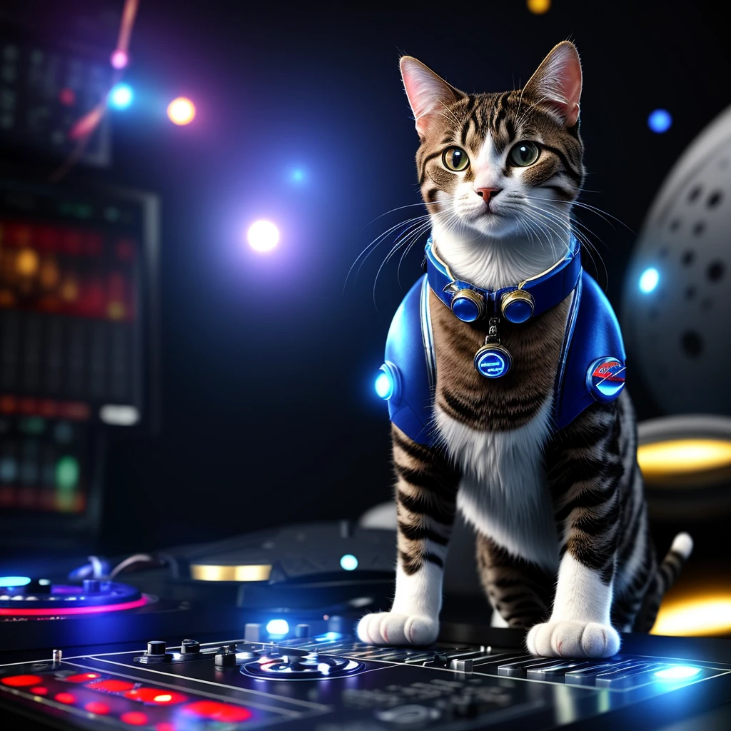 hyper realistic cat wearing astronout suit, playing dj music, renderizado ....3d fofa, renderizado ..3D estilizado, Q version, ..3D rendering 8K character art, Digital painting nice, ......3d, Super detailed rendering night club background