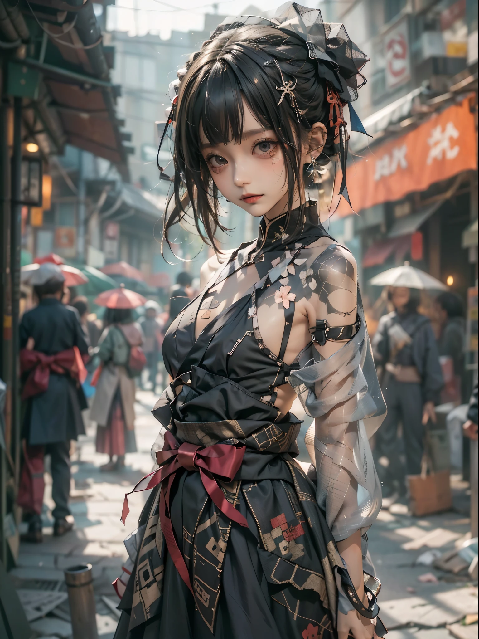 4k,8k,extreme quality, 1girl, solo, skinny, slender body, ,army_hanfu_suit, assassin, ninja, lolita fashion, navel open, shoulders open, nearly naked, short_hair, upper_body, blurry_urban_background, 