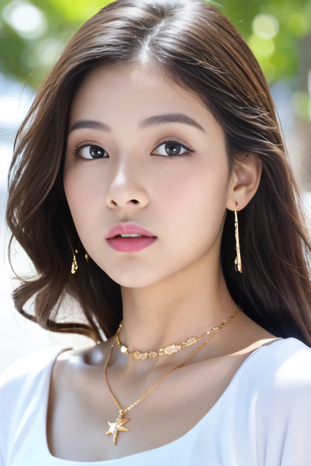 32K、master piece,khd,hyper hd,32K、Highly detailed face and skin texture, ((white skin))、 Big iridescent eyes, slim face, juicy lips, slut lips, puffy chest, white skin, fine eyes, double eyelid, necklace、bracelet、earrings、white skin、stylish and sexy clothes