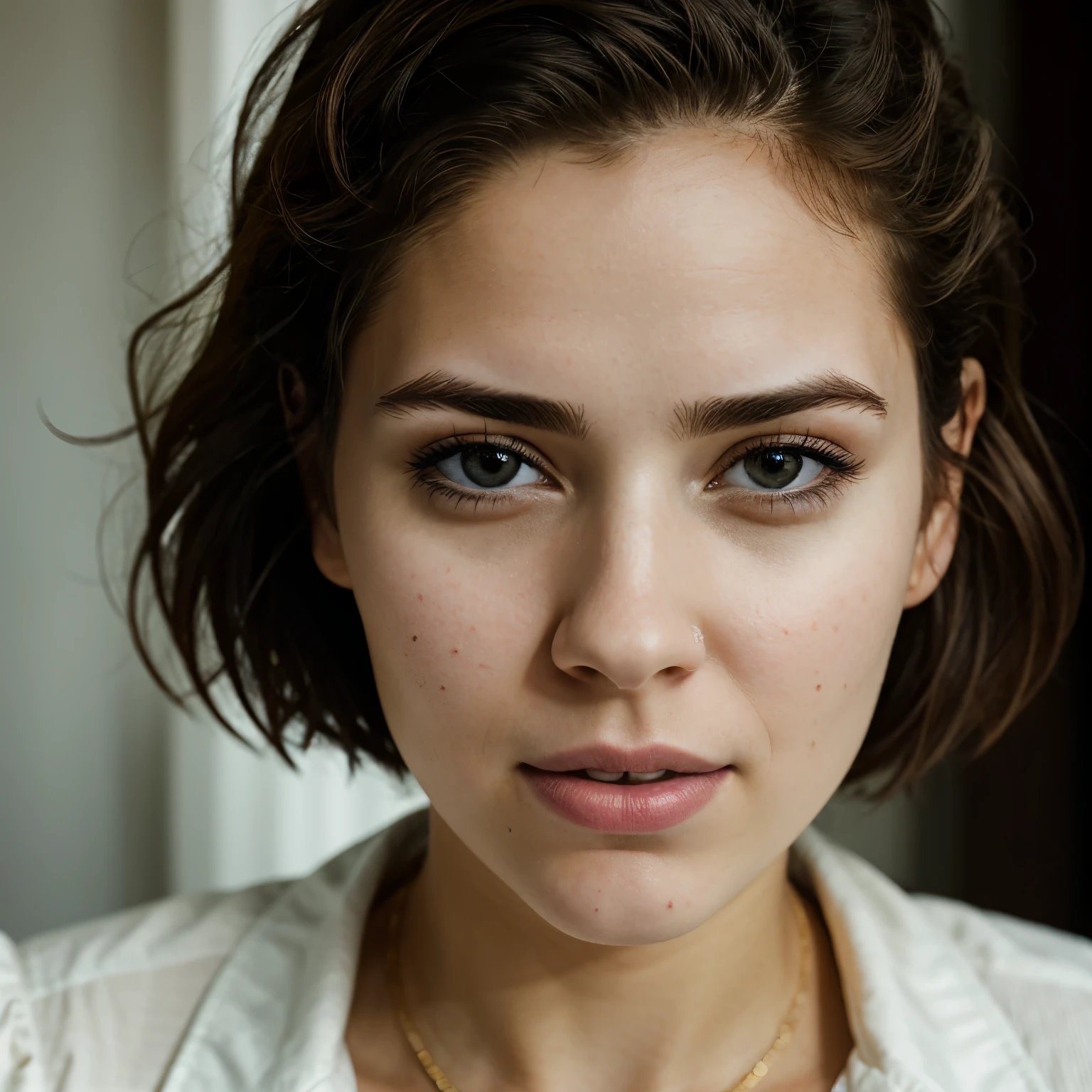 Portrait of a young woman with medium shade hairstyle, ultra-detailed skin, mouth wide open, surprised face, tongue visible in best quality, shot on a Leica M10-R camera for portrait photography, Daylight highlights the soft features of her face and the depth of her brown eyes, an image filled with mystery and subtle elegance. The background remains neutral and blurred to emphasize the exquisite details of her face and the sophistication of her image, the woman looking directly into the camera