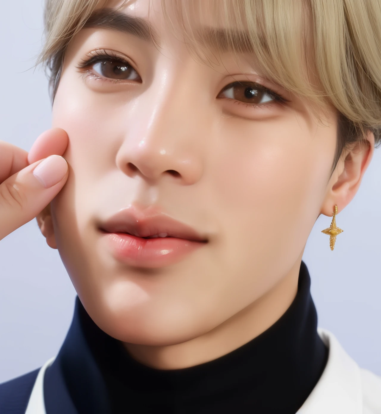 homem arafiado com camisa branca e gravata preta tocando o nariz, Jimin\the full lips, Jimin\o nariz grego, Jimin\the right eyelid is swollen, accurate Jimin face, park Jimin, Jimin, adorable and pale korean face, taejune kim, Korean facial features, kpop idol portrait, BTS, com pele brilhante, hyung tae