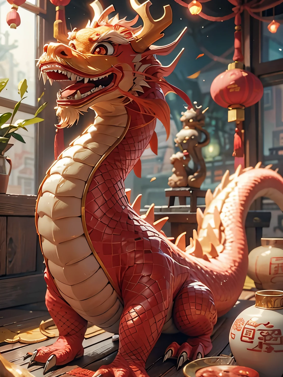 Q version，Chinese dragon with smile，Cute and cute，Modeled with clay，Festive red hue，Placed in a 3D scene in a minimalist environment。Bright light，Cooperate with c4d technology with a strong sense of science and technology，Make styling details exquisite，Resolution up to 8K，Show super high quality。This highly detailed work emphasizes the visual appreciation，Excellent expressiveness from the camera angle