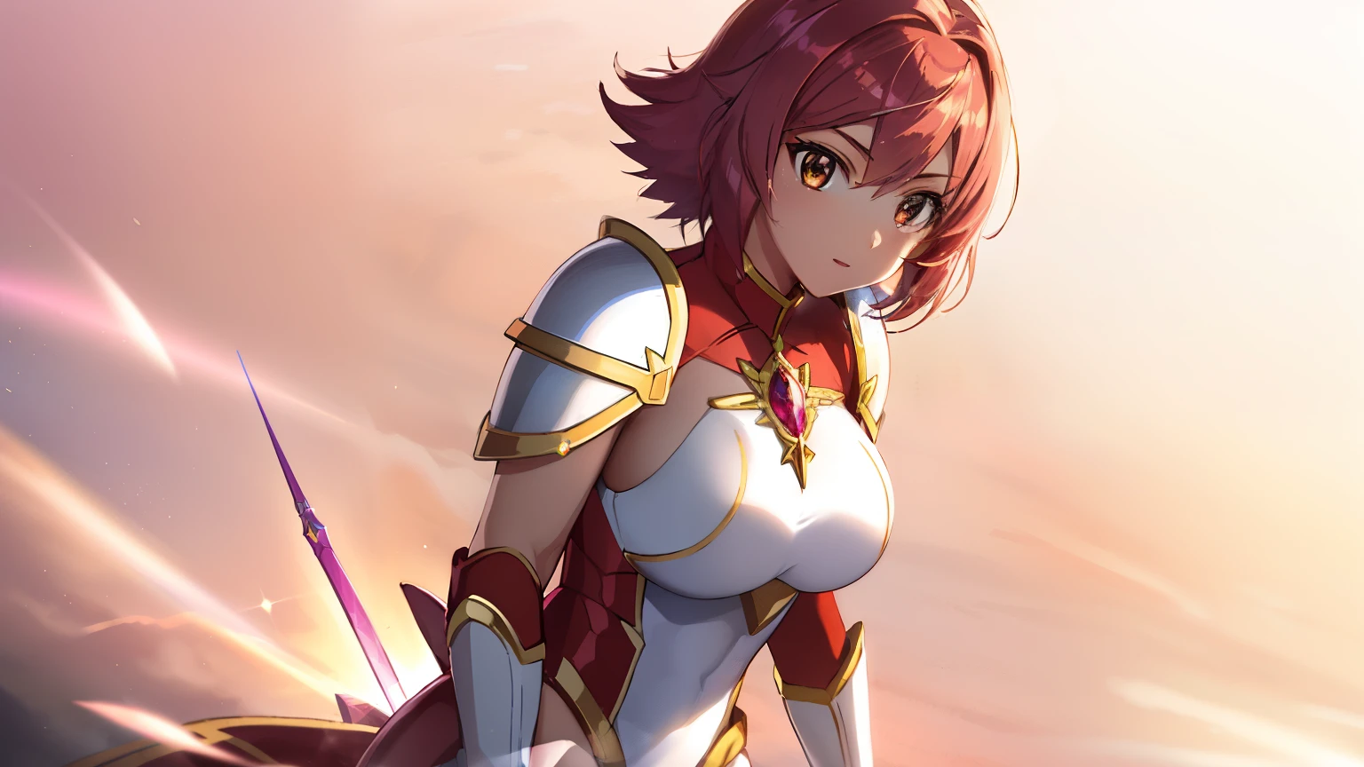 Close-up of a girl in a white leotard costume with a sword, knights of zodiac girl, zodiac girl portrait knight, 14 year old girl, Girl with short red hair, Brown-eyed girl, muscular woman, feminine and muscular, Shining ruby armor, 魅惑的なprincess night, Dressed in light armor, Dress Armor Girl, big breasts, had big breasts, Tits, Shiny ruby armor, galactic princess, leotard with an white, Crystal Ruby Armor, Hymn to the King as a Princess, armor with an crystal ruby, High quality anime art style, Smooth anime CG art, princess night, digital manga art, magical girl anime magical girl, Ruby Princess, Ruby reflective armor, whole body,