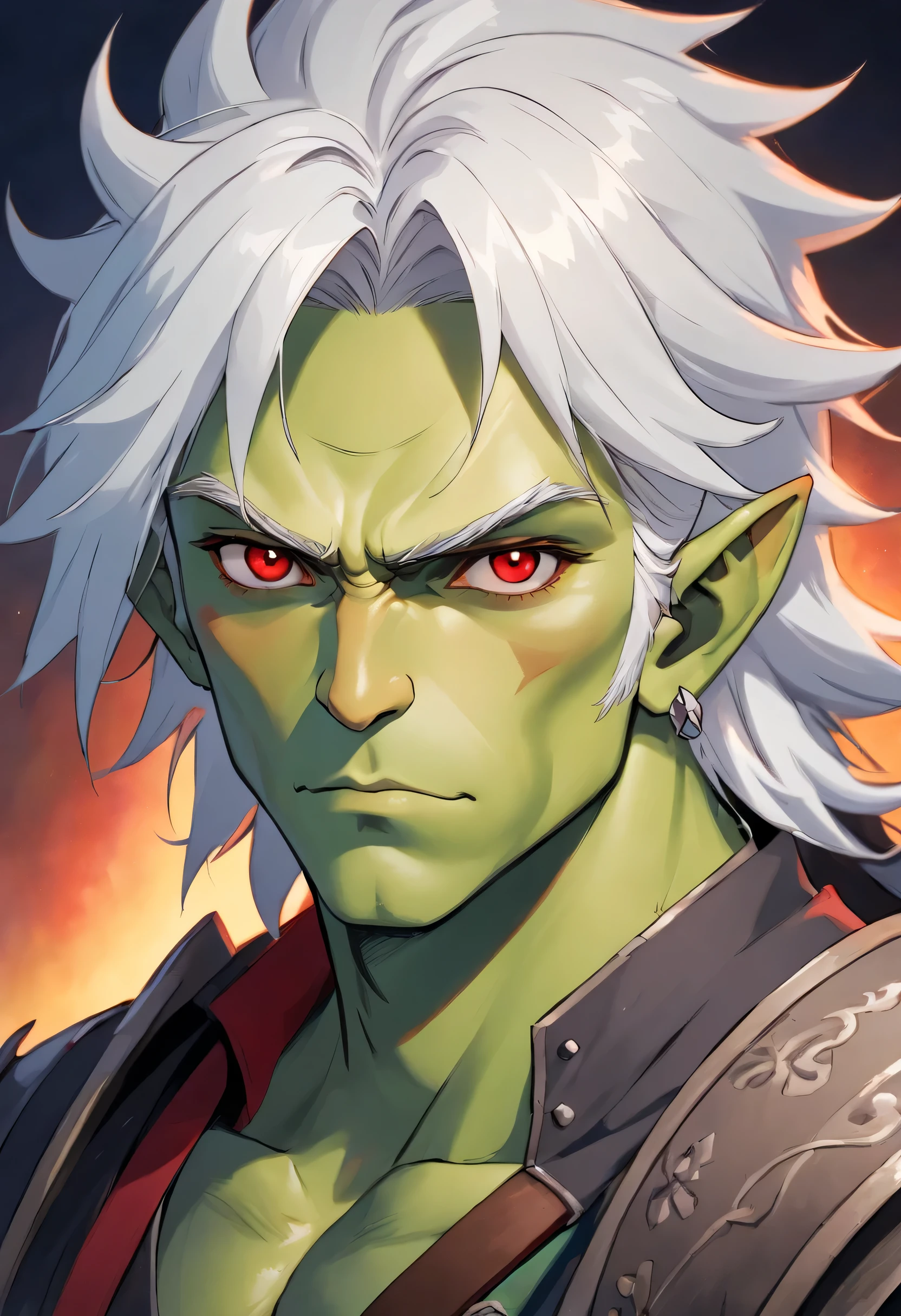 Meio orc, pele verde, macho, fechar o retrato, olhar de fantasia, Personagem de RPG, fantasia medieval, cabelo branco, olhos vermelhos, 1.90 altura, Muscolar