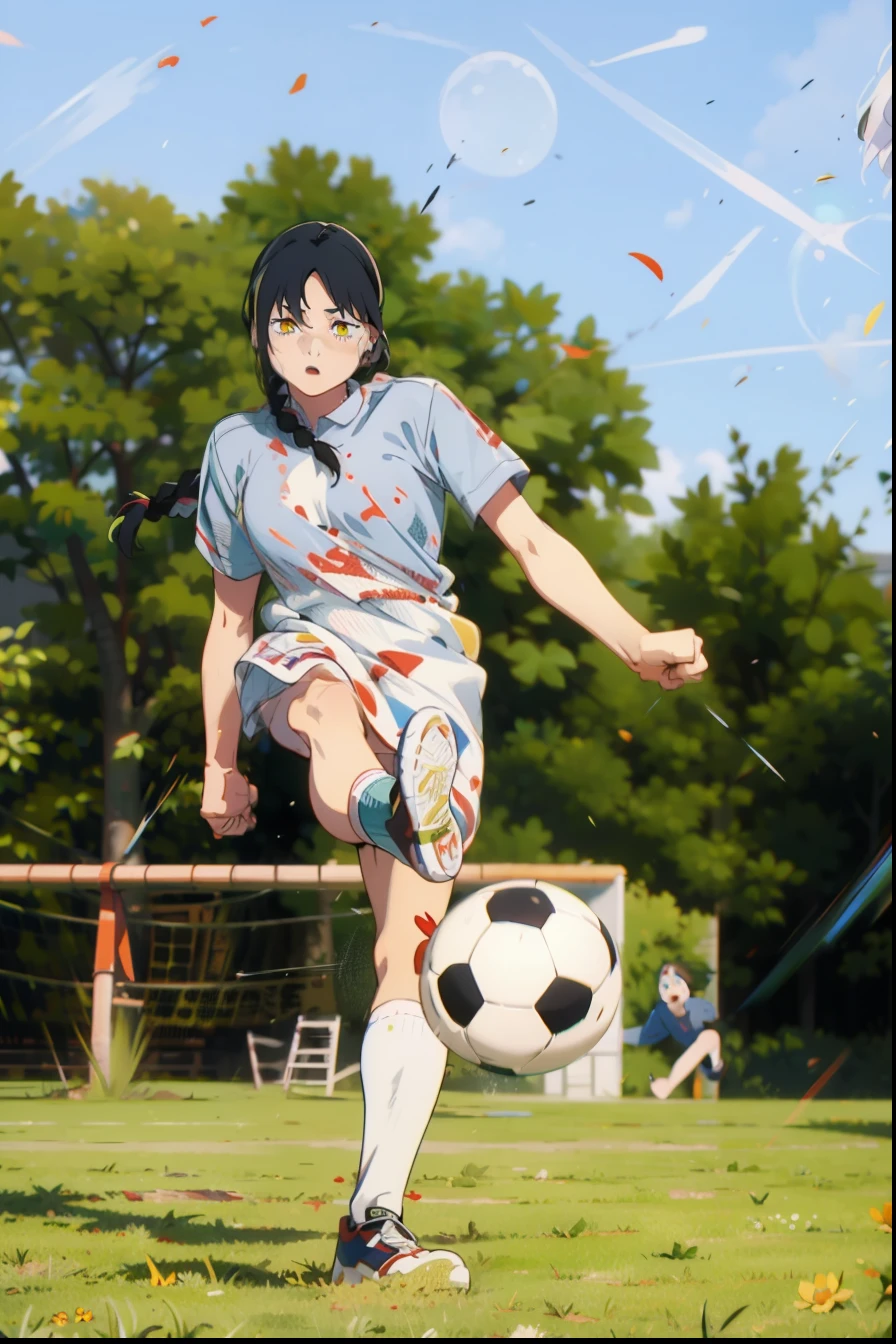 1girl,Kick, A girl kicking a guy in the crotch, a girl in a light dress, braid, black hair, nayuta, yellow eyes, full body, ((white background)) , masterpiece ,nayuta,